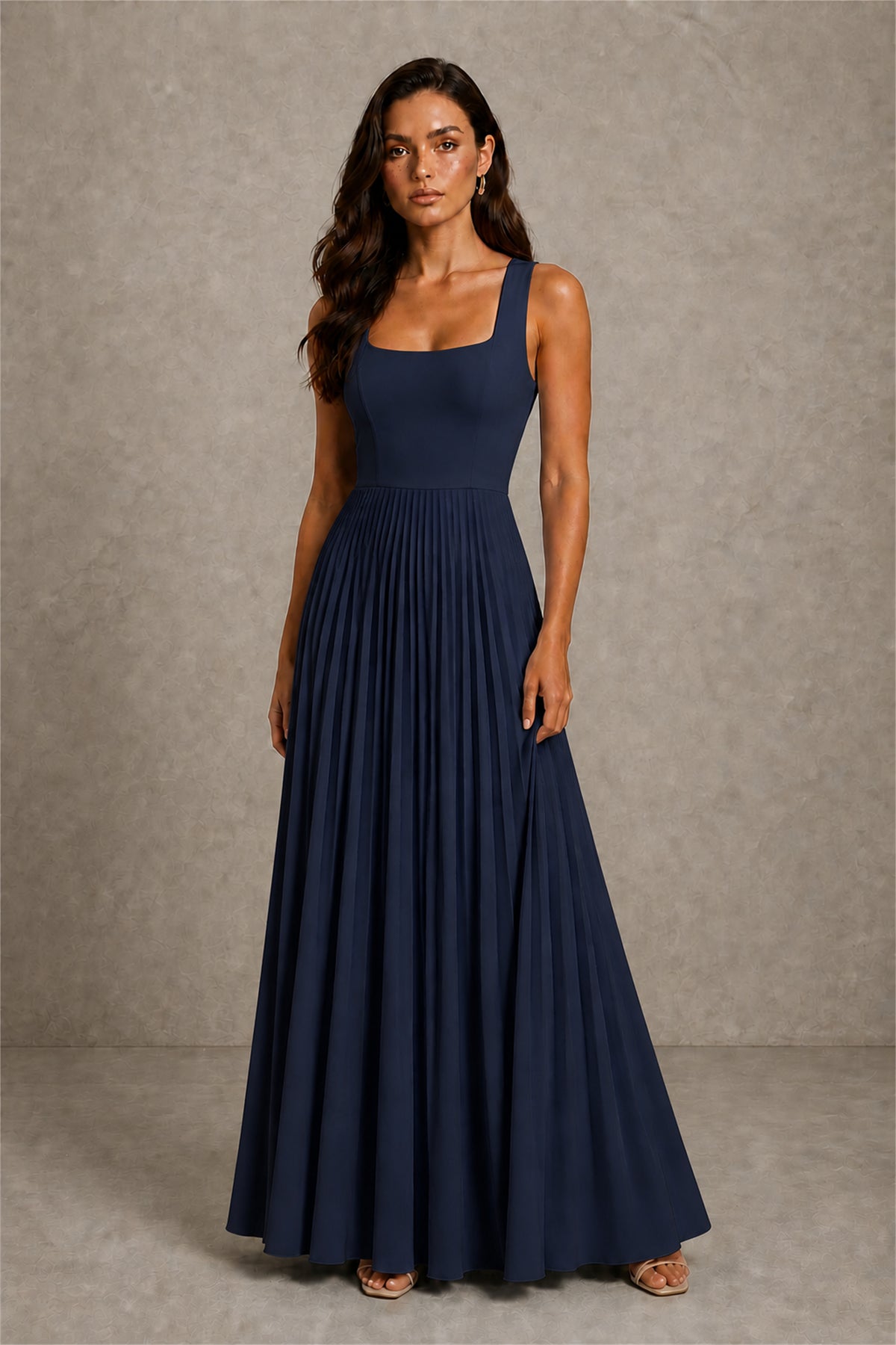 BOLODOO Navy Blue Square Neck Wide Strap Lace-Up Back Pleated A-Line Chiffon Maxi Dress - Navy Blue