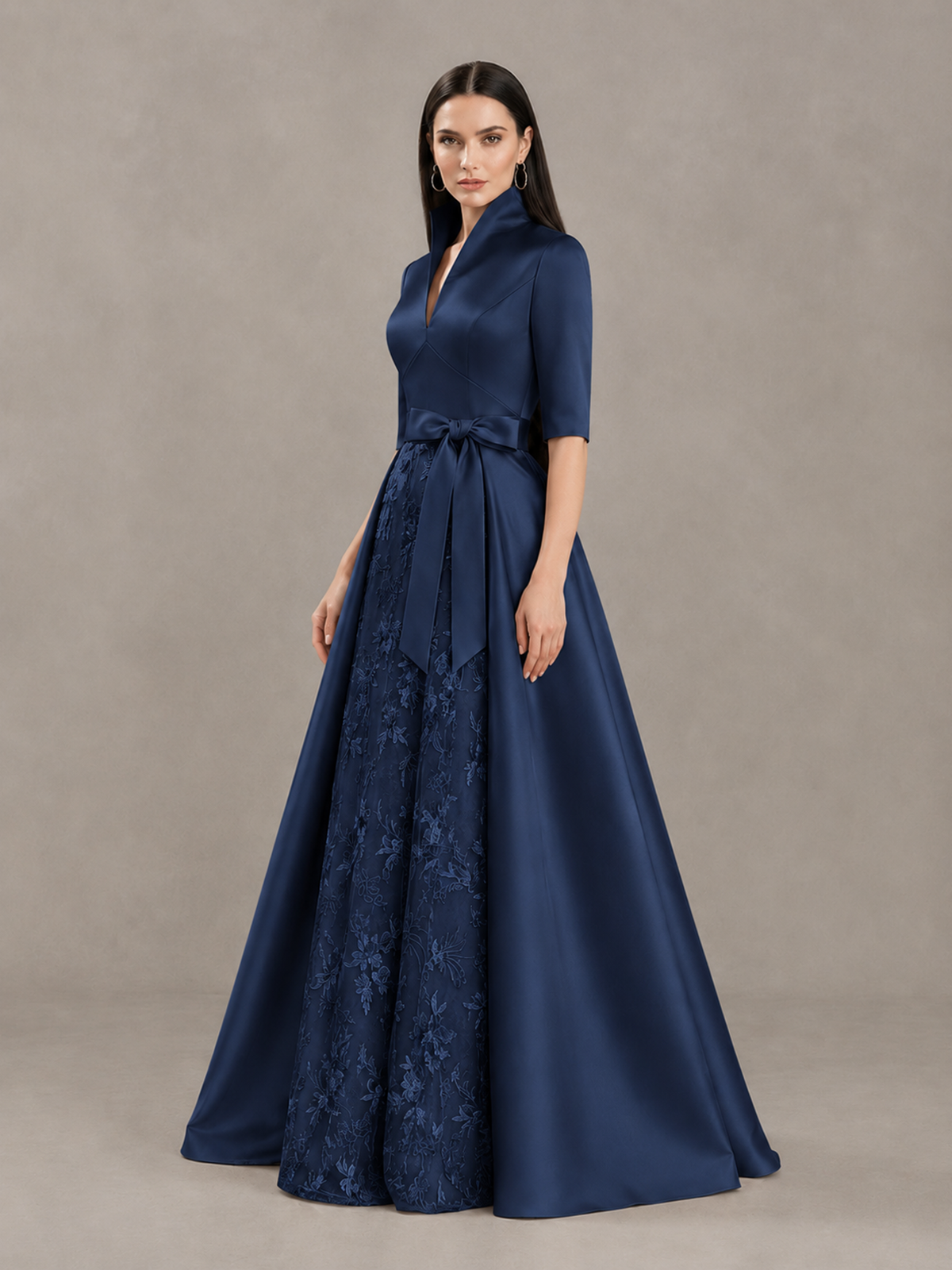 BOLODOO Navy Blue Stand Collar Bow Waist Floral Embroidered Evening Gown - Navy Blue - Navy Blue (1)
