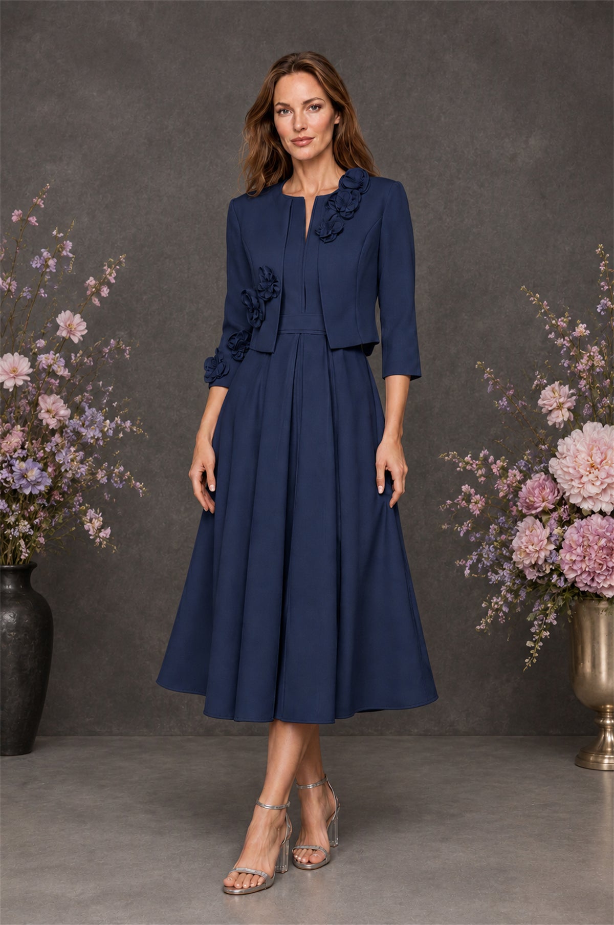 BOLODOO Navy Blue 3D Rosette Appliqué 3/4 Sleeve Jacket & V-Notch Sleeveless A-Line Tea-Length Two-Piece Dress Set - Navy Blue