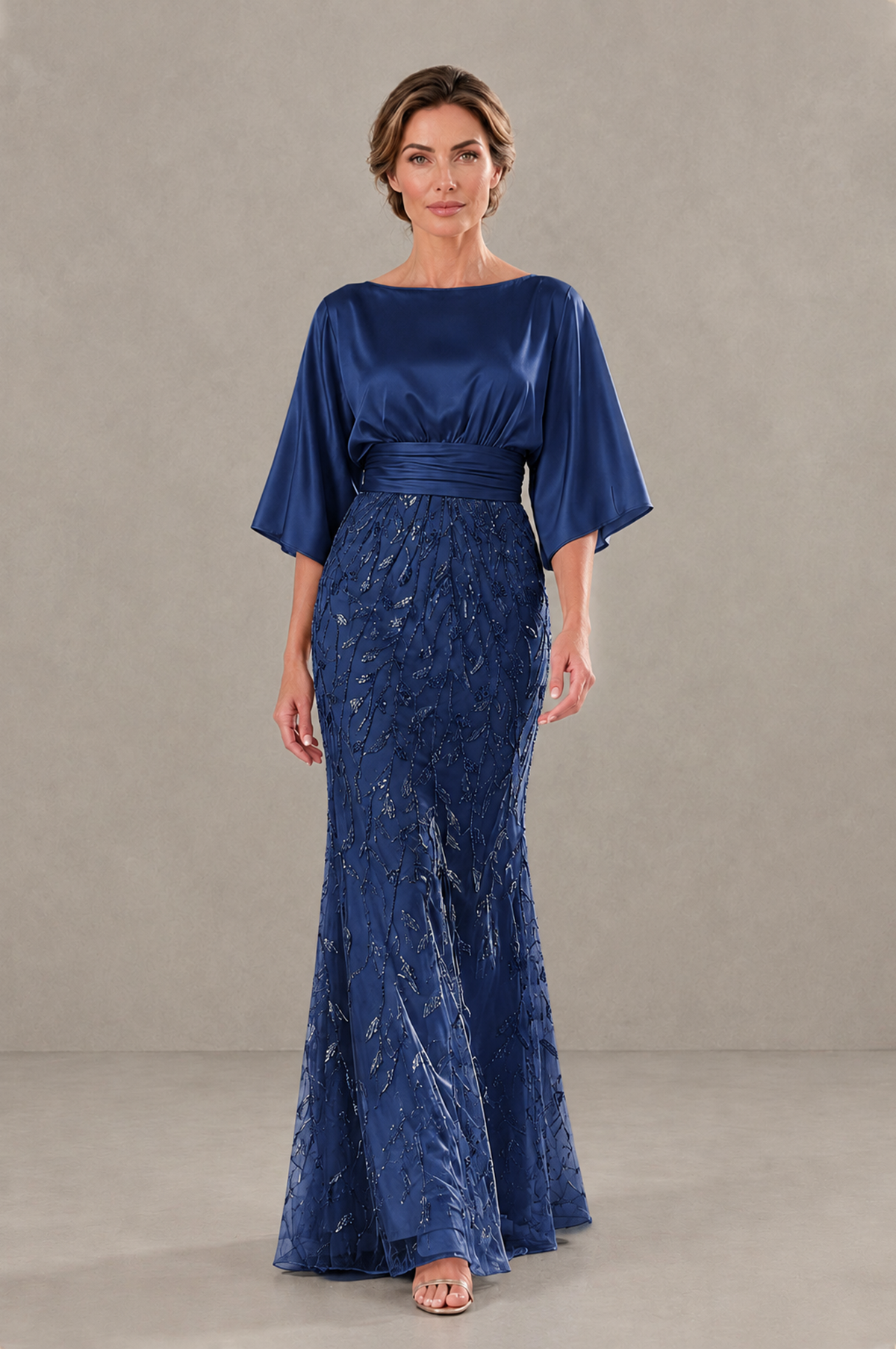 BOLODOO Navy Blue Mother of the Bride Dress with Kimono Sleeves, Satin Bodice & Sequin Embroidered Mermaid Floor-Length Gown - Navy Blue - Navy Blue (1)