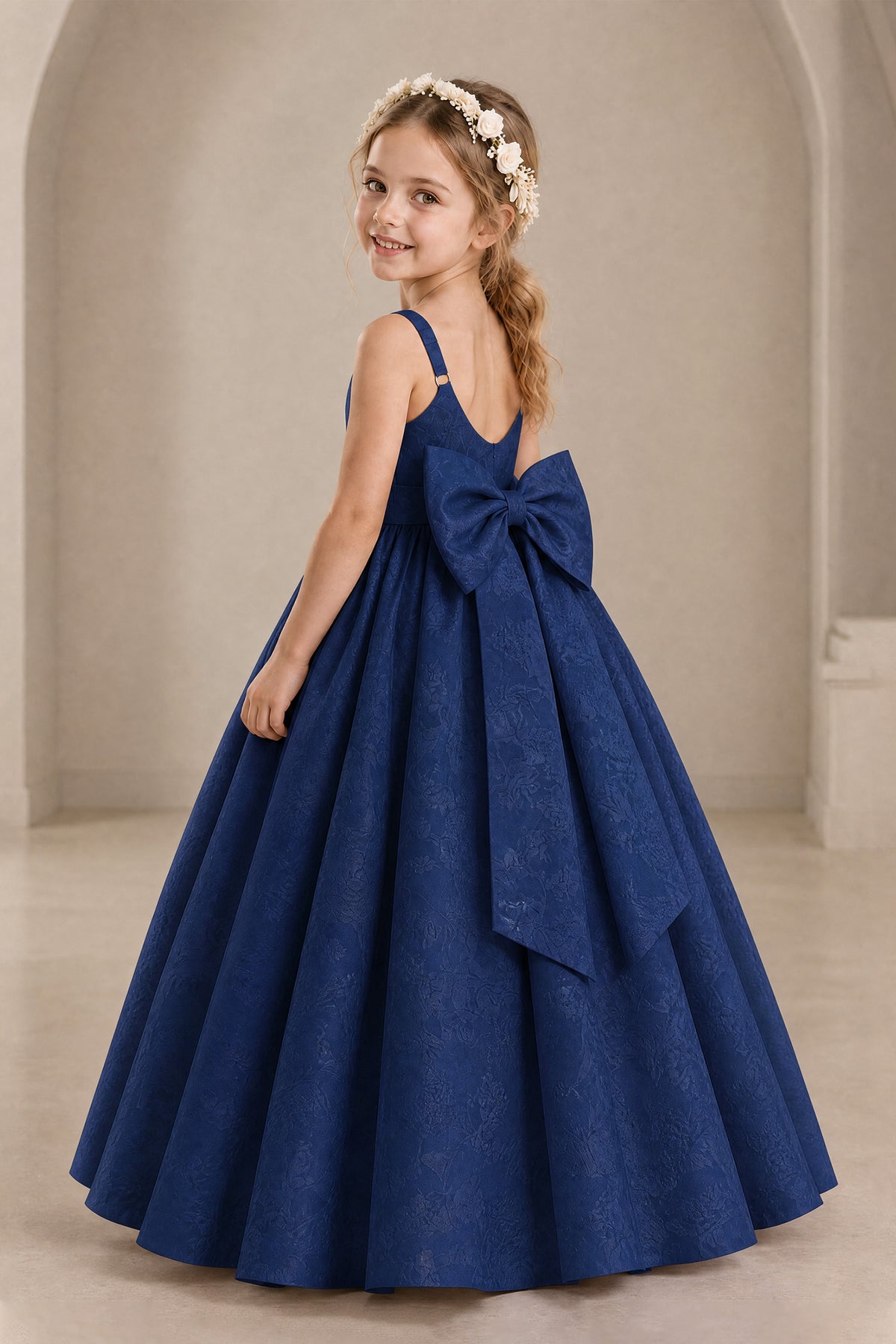 BOLODOO Navy Blue Girls' A-Line Flower Girl Dress with Back Bow - Navy Blue