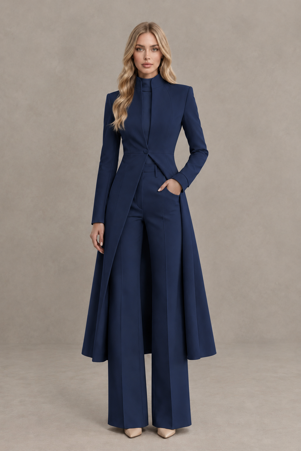 BOLODOO Navy Blue Longline Jacket Wide-Leg Formal Pantsuit - Navy Blue