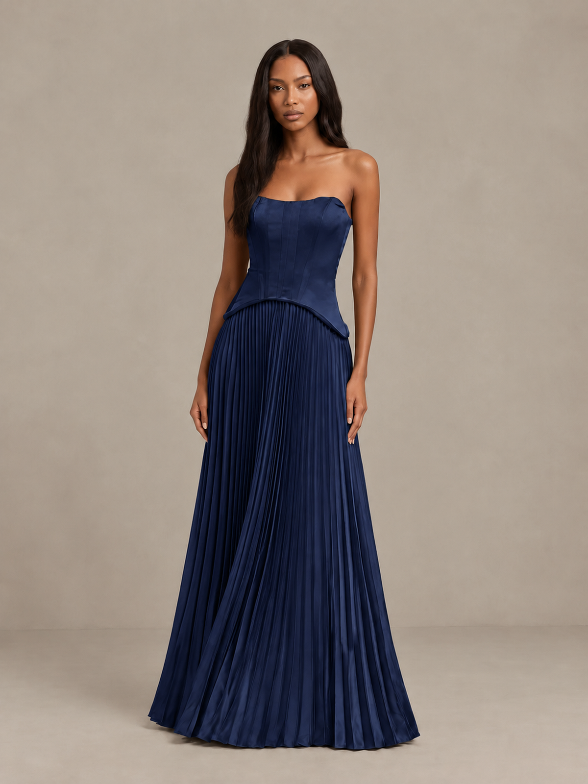 BOLODOO Navy Blue Strapless Pleated Satin Evening Prom Dress - Navy Blue