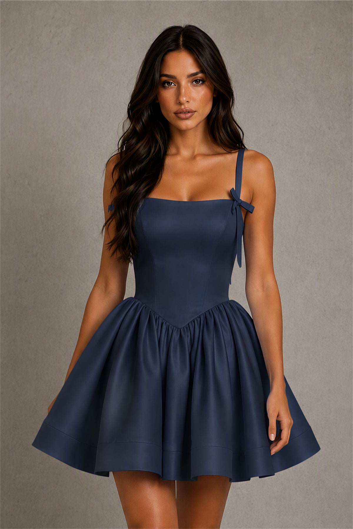 BOLODOO Baby Navy Blue Satin Square Neck Bow Strap Lace-Up Back Bubble Mini Dress | Cocktail Party Date Night Dress - Navy Blue