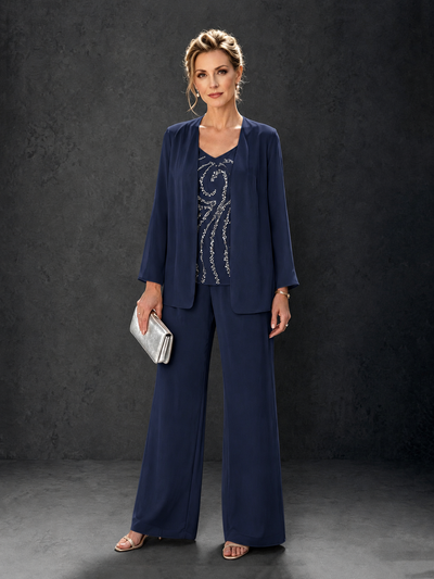 BOLODOO Navy Blue 3-Piece Mother of the Bride Pant Suit with Beaded Top & Chiffon Jacket - Navy Blue