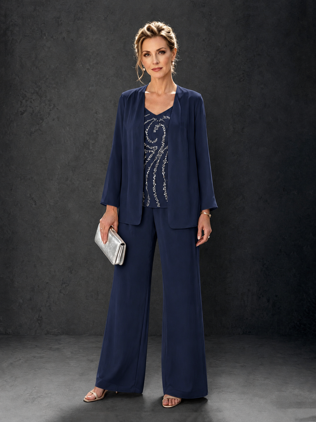 BOLODOO Navy Blue 3-Piece Mother of the Bride Pant Suit with Beaded Top & Chiffon Jacket - Navy Blue