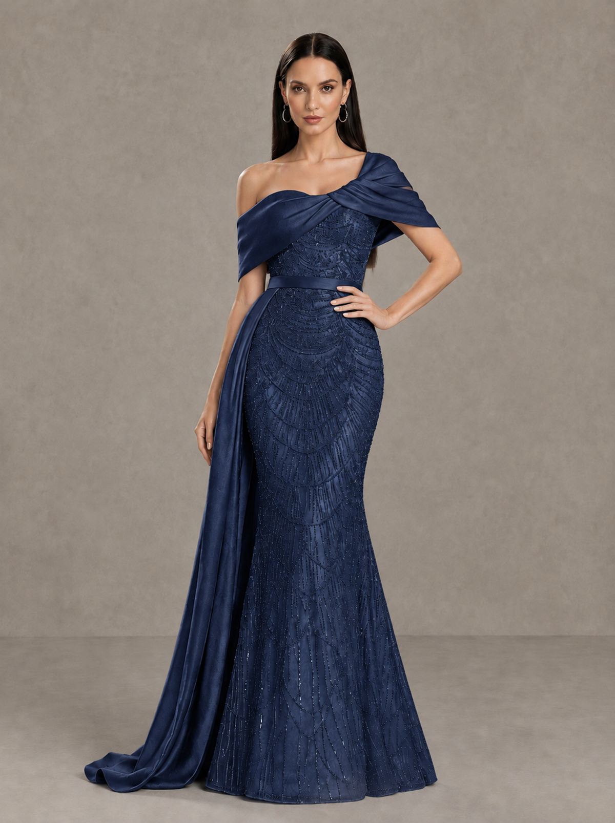 BOLODOO Navy Blue Asymmetric Draped Mermaid Evening Gown with Train - Navy Blue - Navy Blue (1)