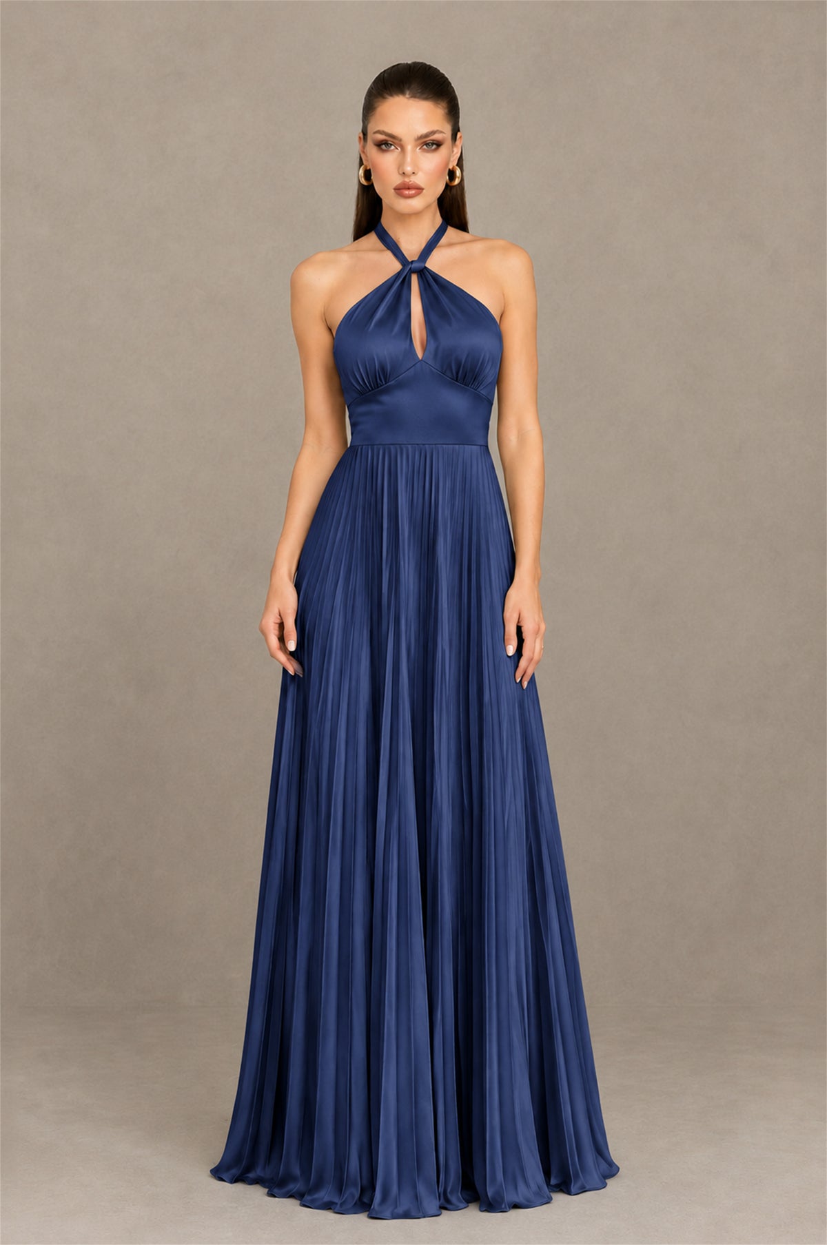 BOLODOO Navy Blue Halter Pleated A-Line Evening Dress - Navy Blue