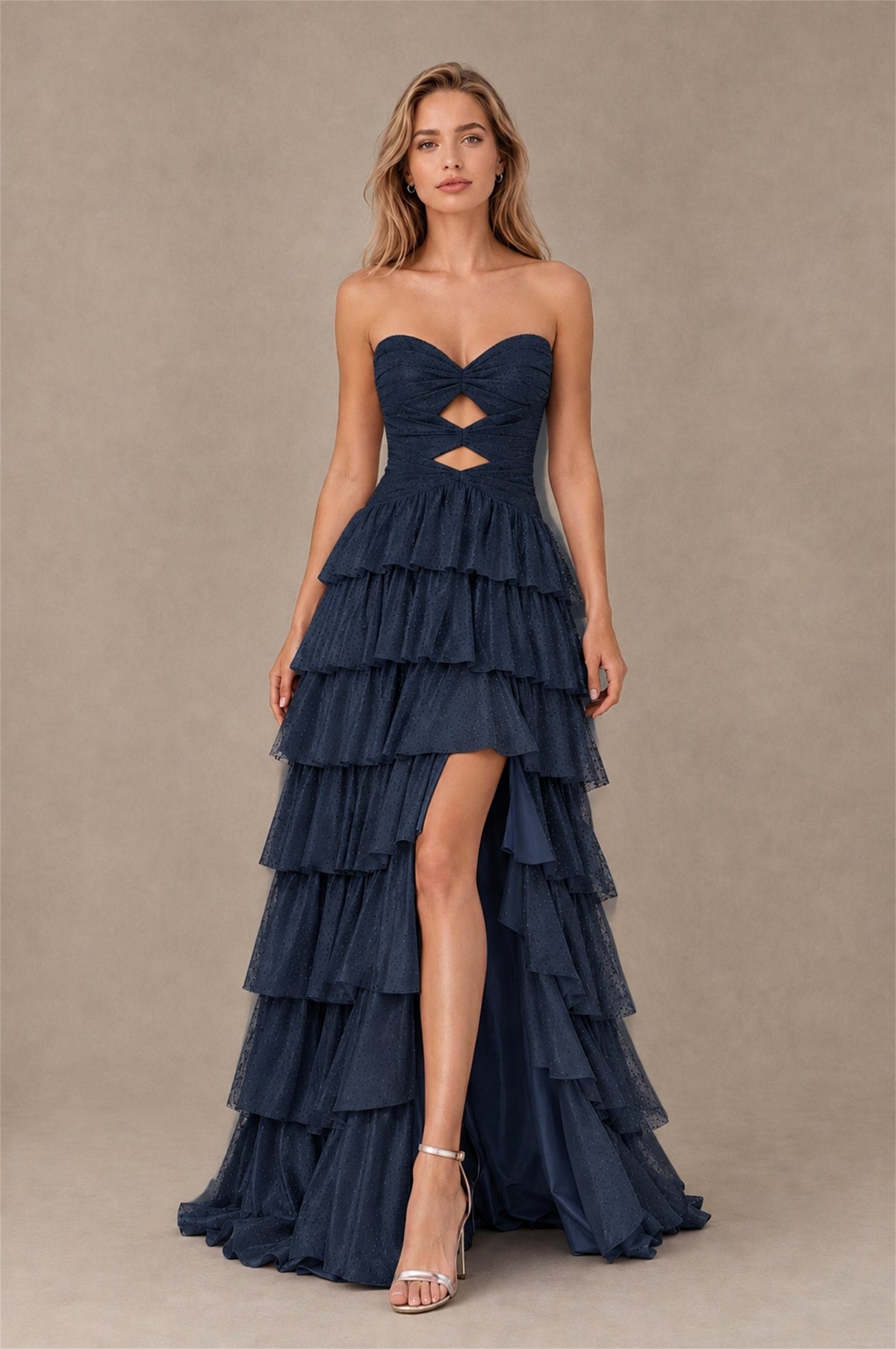 BOLODOO Navy Blue Strapless Cutout Tiered Ruffle Prom Dress with High Slit - Navy Blue - Navy Blue (1)
