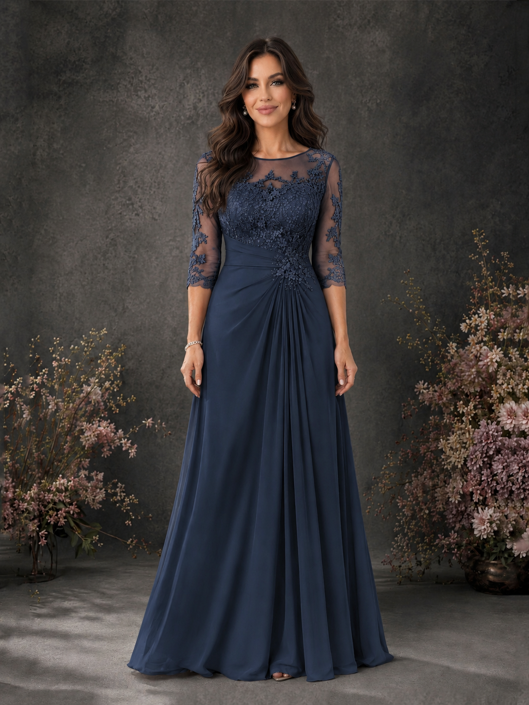 BOLODOO Navy Blue Chiffon Lace Illusion Neckline 3/4 Sleeve Floor Length Formal Gown - Navy Blue