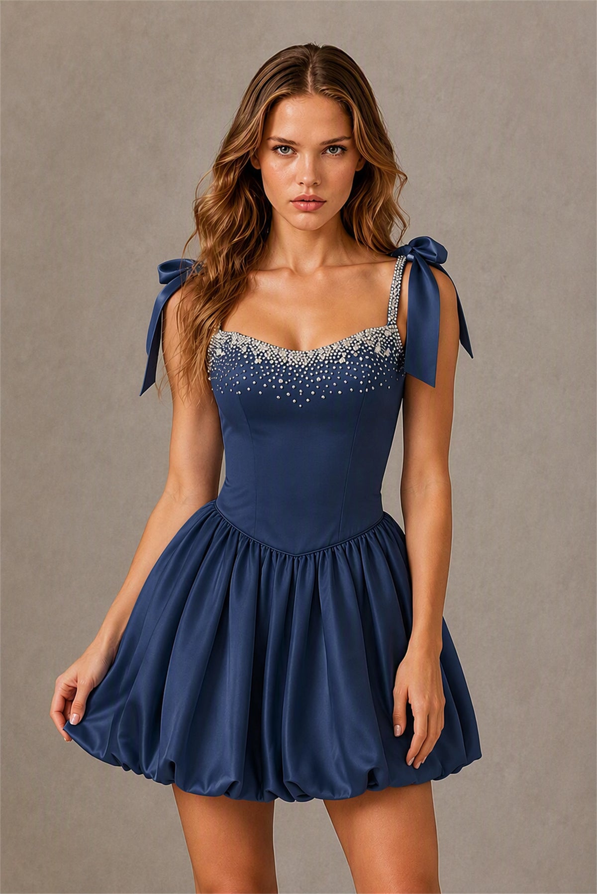 BOLODOO Navy Blue Satin Pearl Embellished Sweetheart Bow Strap Bubble Hem Mini Dress | Cocktail Prom Homecoming Dress - Navy Blue