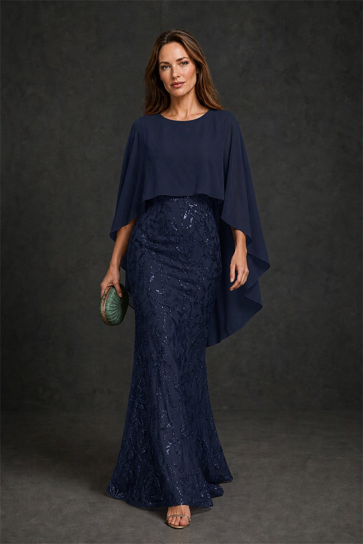 BOLODOO Navy Blue Round Neck Chiffon Cape Overlay Sequin Lace Mermaid Maxi Dress - Navy Blue