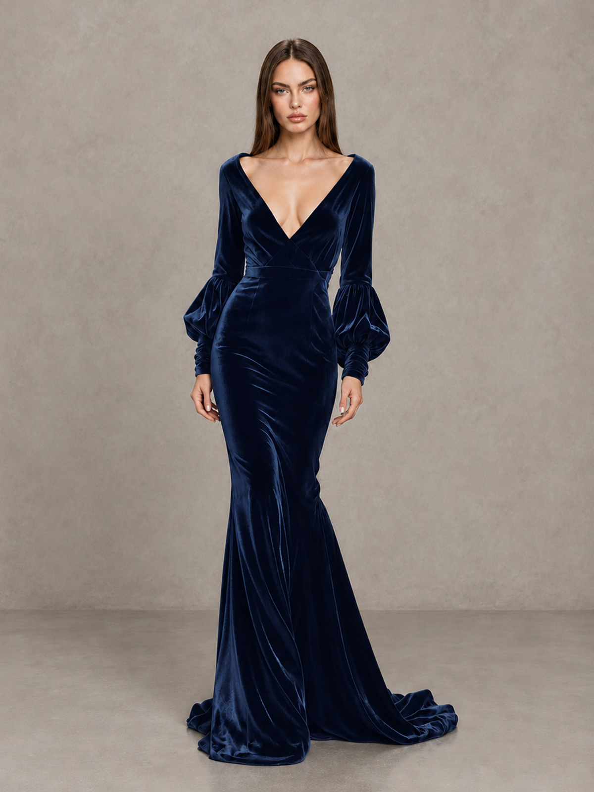 BOLODOO Navy Blue Velvet V-Neck Long Sleeve Open Back Mermaid Evening Gown - Navy Blue - Navy Blue (1)