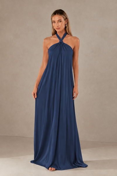 BOLODOO Navy Blue Backless Halter Satin Bridesmaid Dress - Navy Blue