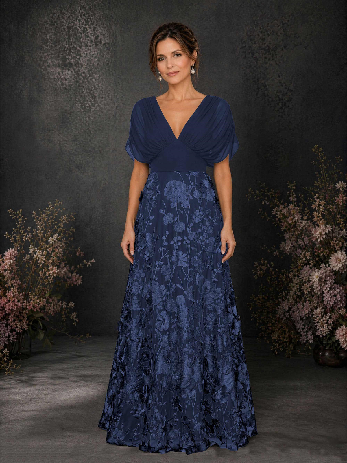 BOLODOO Navy Blue & Navy Blue Chiffon V-Neck Flutter Sleeve Floral Embroidered A-Line Gown BD0414 - Navy Blue