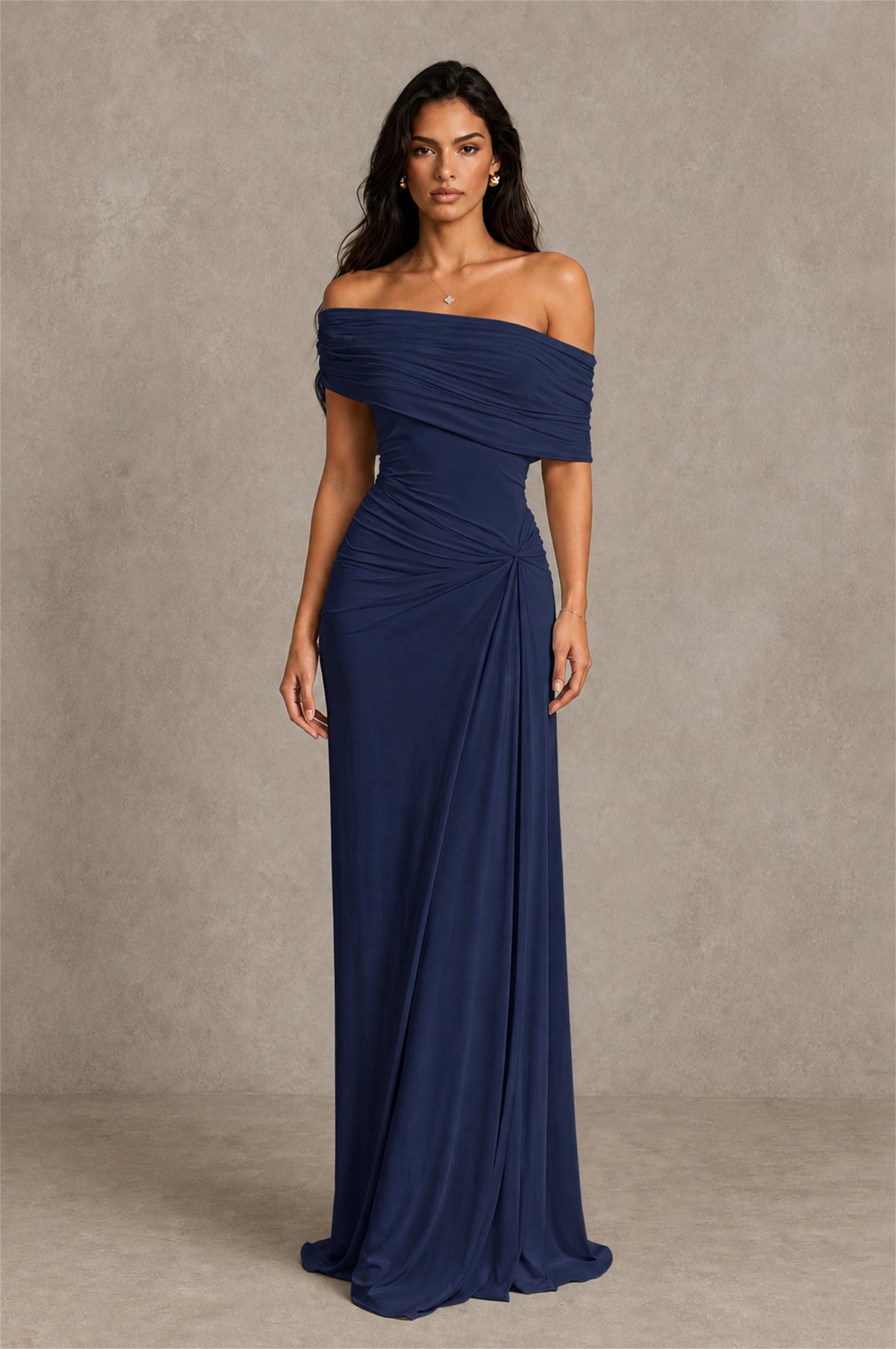BOLODOO Navy Blue Off-Shoulder Ruched Maxi Dress - Navy Blue