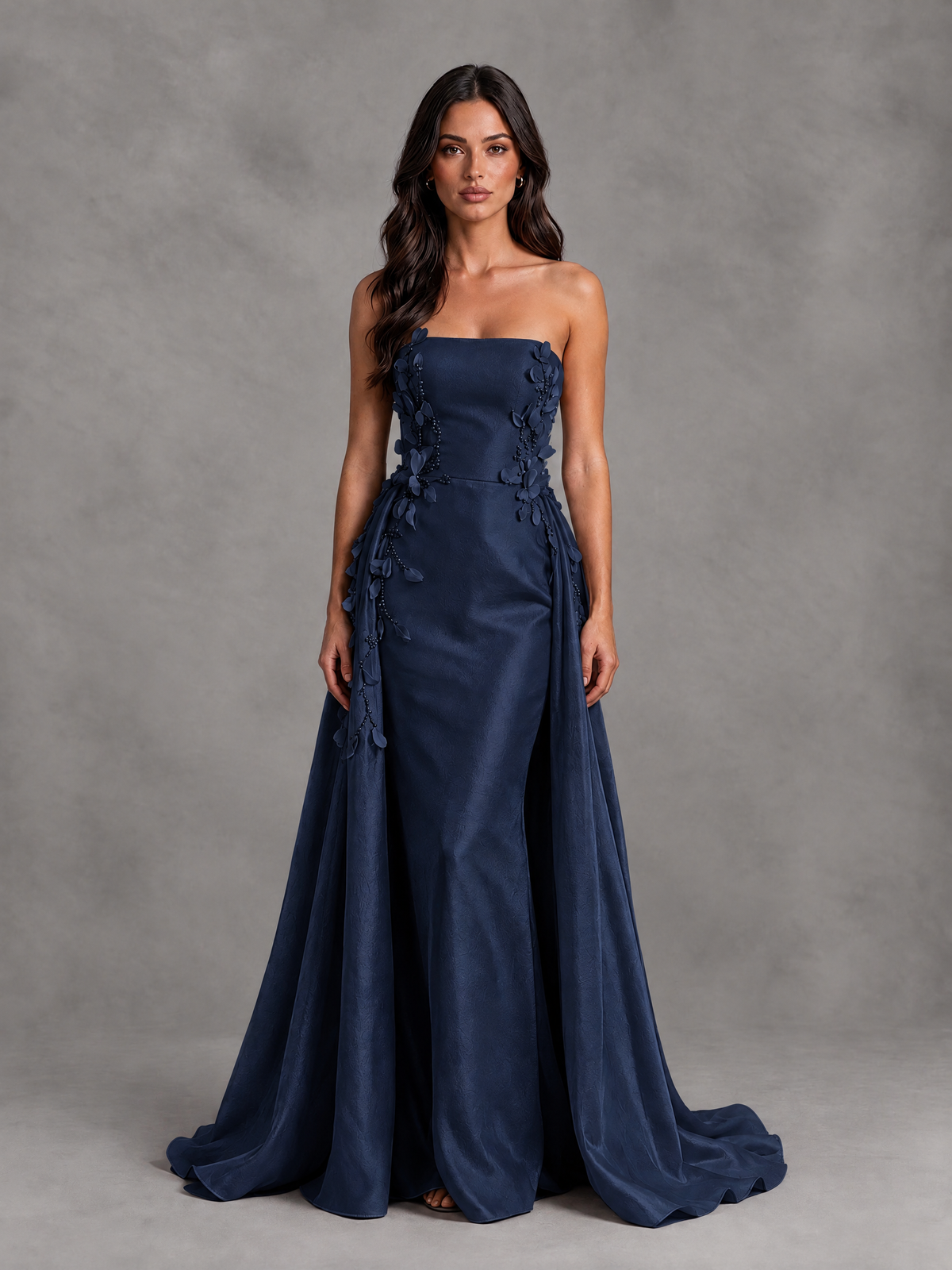 BOLODOO Navy Blue Strapless Floral Applique Prom Dress with Overskirt - Navy Blue - Navy Blue (1)