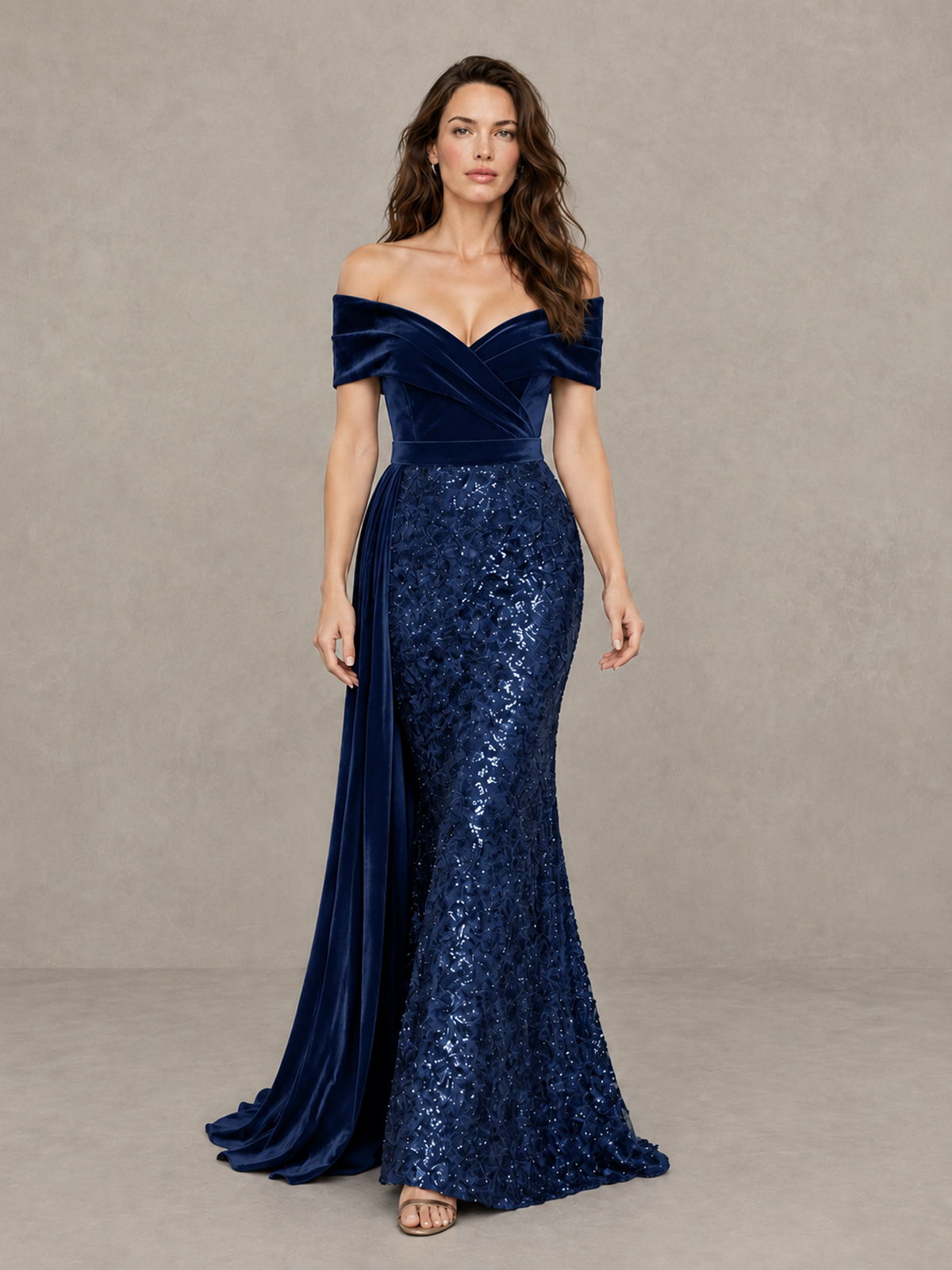 BOLODOO Navy Blue Off-Shoulder Velvet & Sequin Evening Gown with Side Train - Navy Blue - Navy Blue (1)