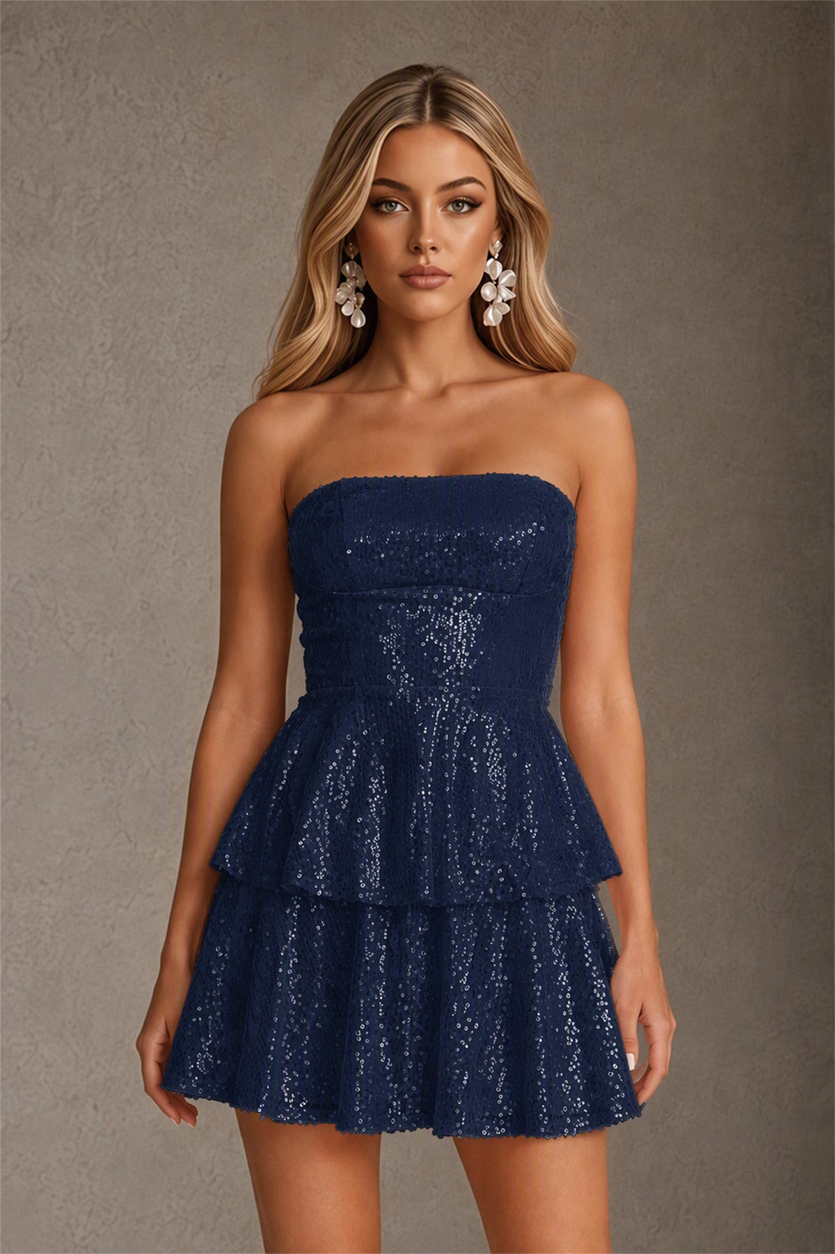 BOLODOO Navy Blue Iridescent Sequin Strapless Open Back Bow Tiered Mini Dress | Aurora Sequin Ruffle Party Dress - Navy Blue