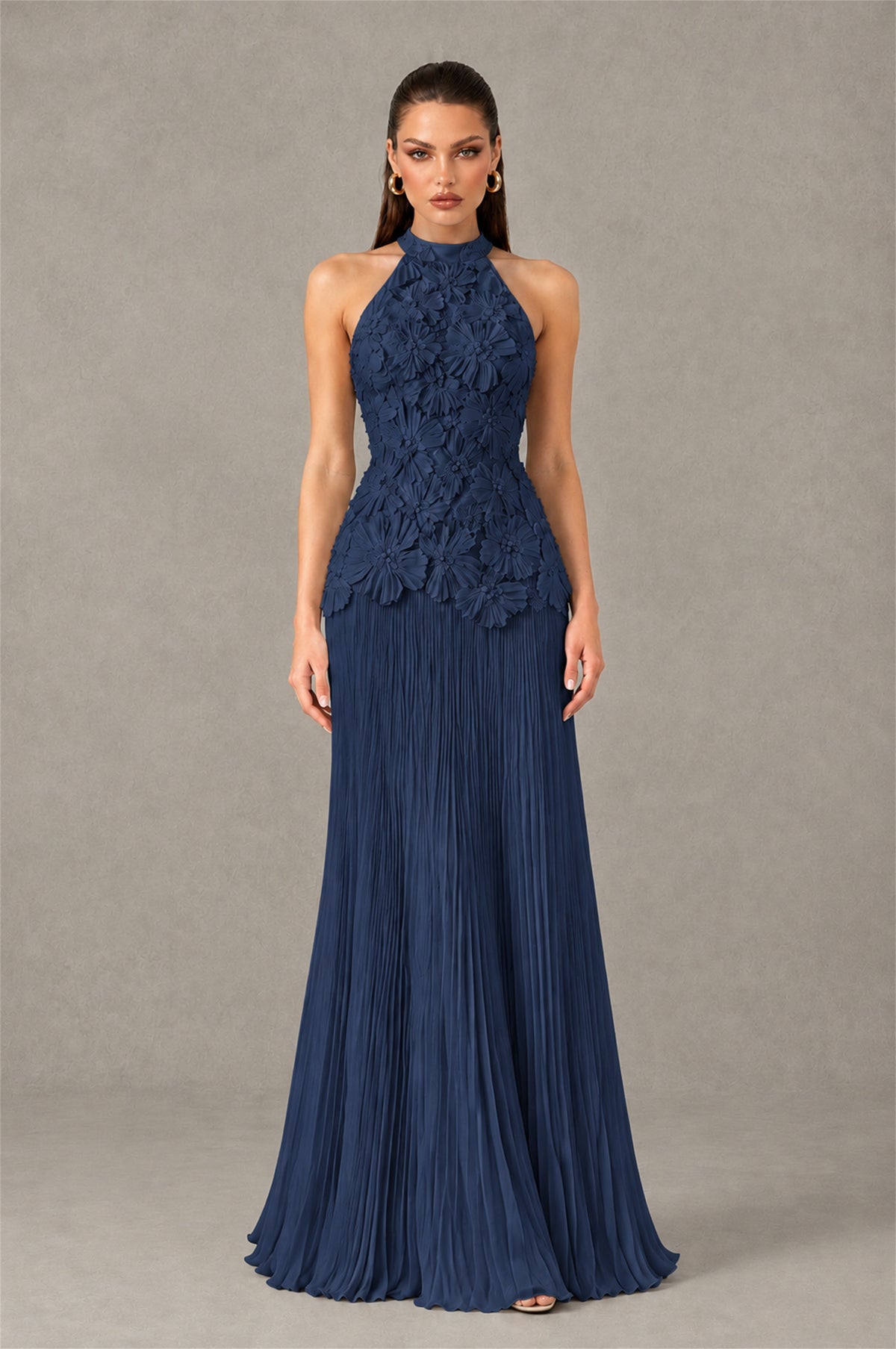 BOLODOO Navy Blue 3D Floral Applique Halter Neck Open Back Pleated Maxi Dress - Navy Blue