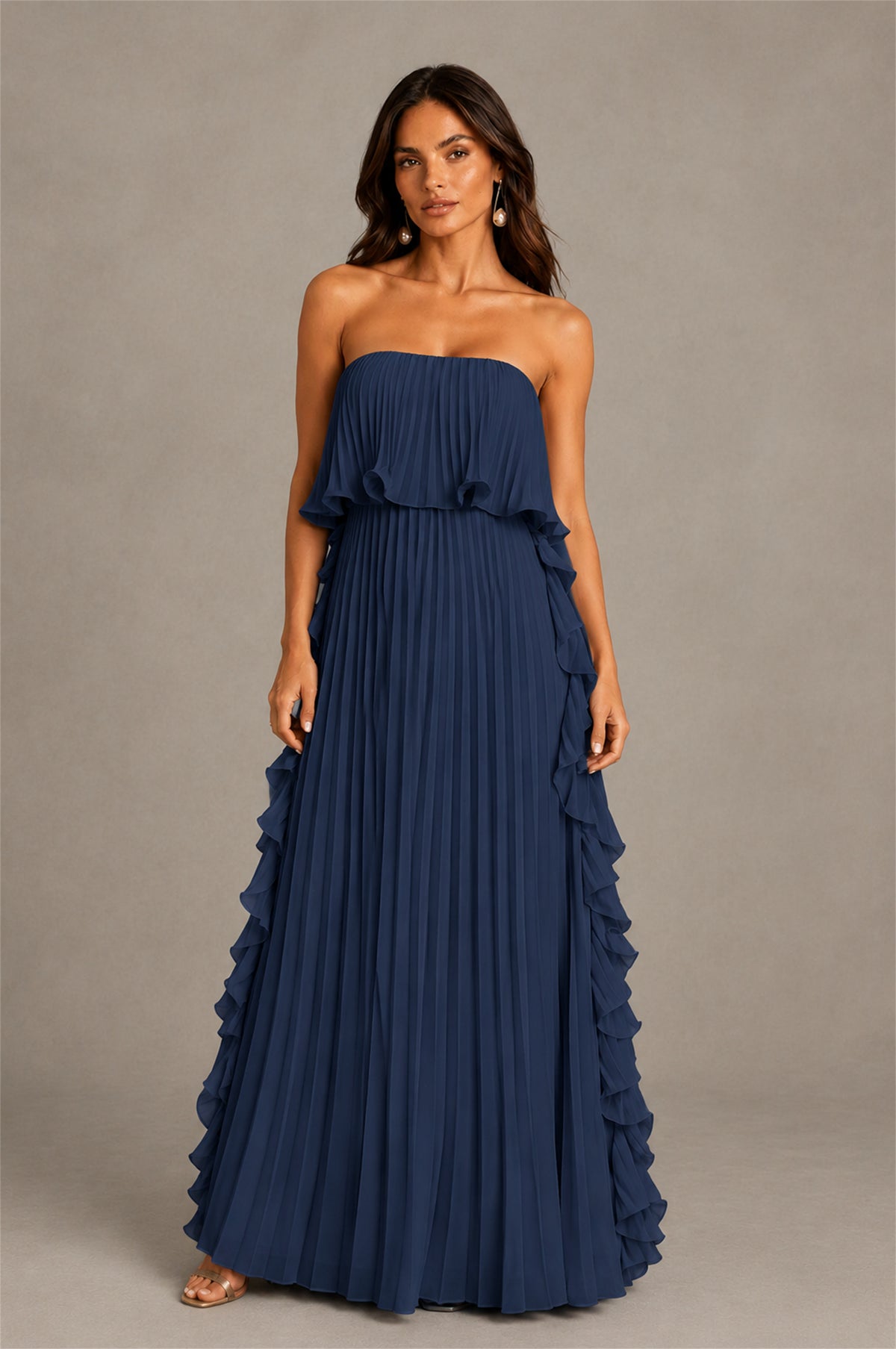 BOLODOO Navy Blue Strapless Ruffle Bodice Dual Cascading Ruffle Accordion Pleated Chiffon Maxi Dress - Navy Blue