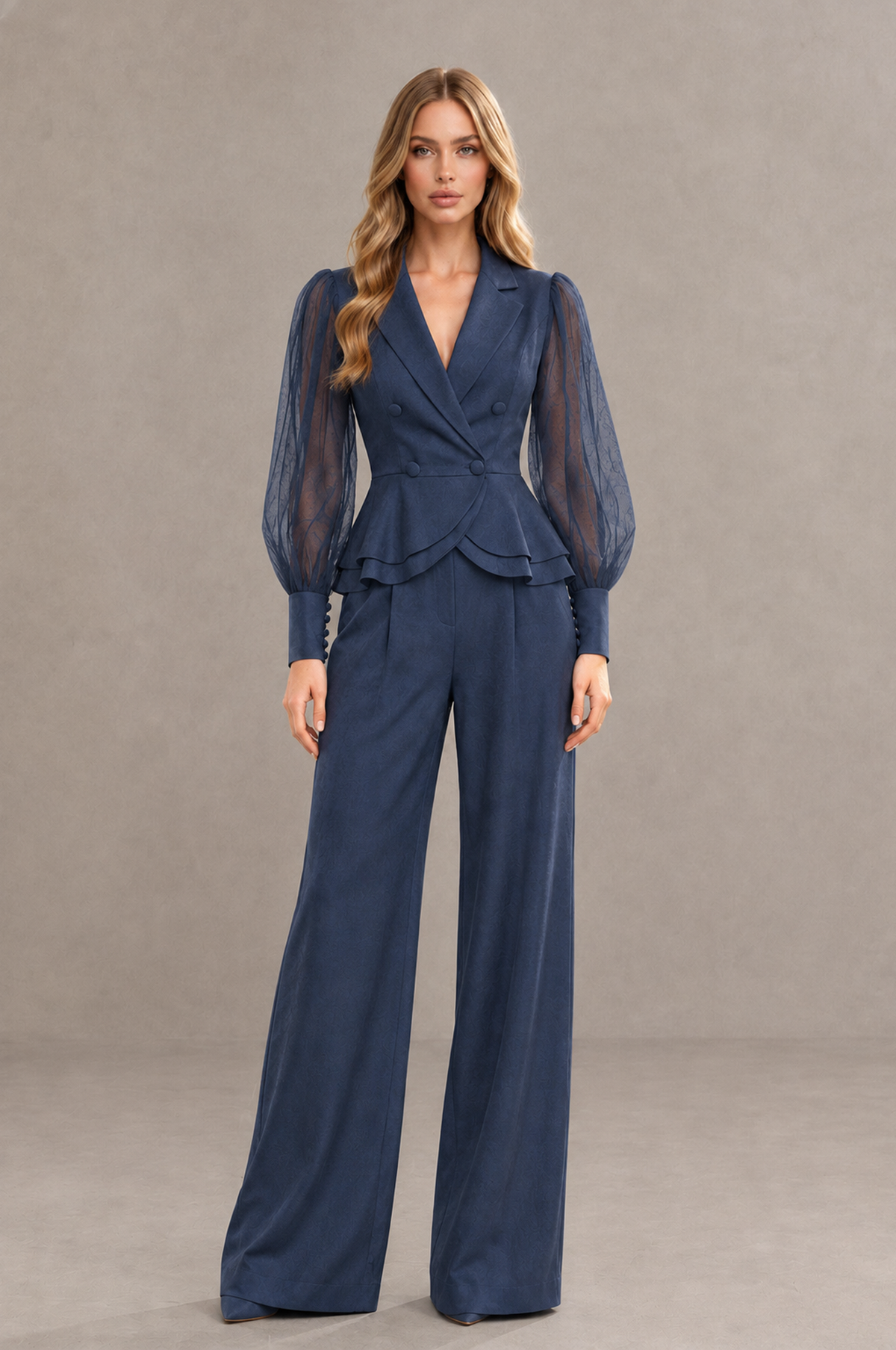 BOLODOO Mint Navy Blue Peplum Blazer Wide-Leg Pantsuit with Sheer Puff Sleeves - Navy Blue