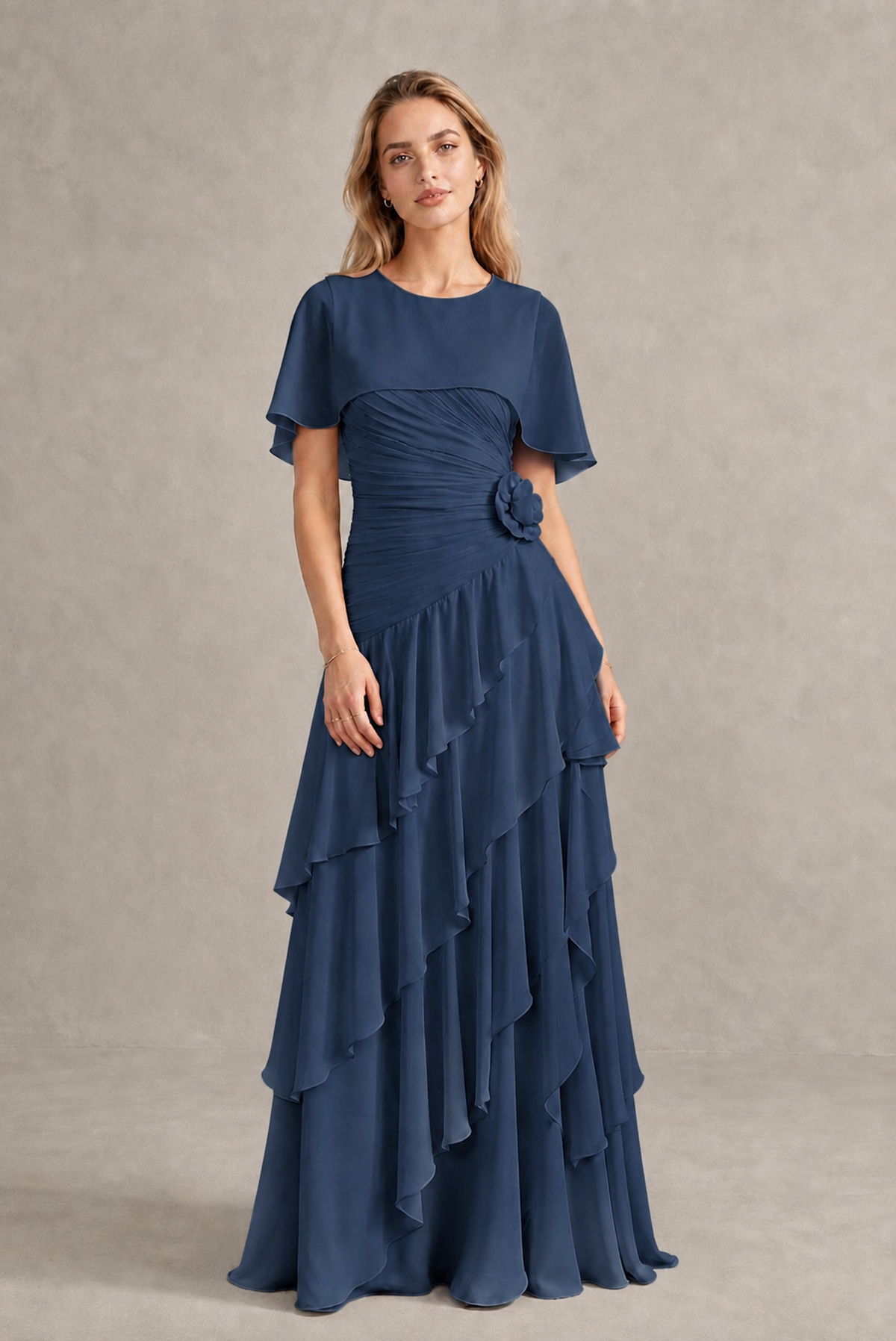 BOLODOO Navy Blue Chiffon Flutter Sleeve Tiered Maxi Dress with 3D Rosette - Navy Blue