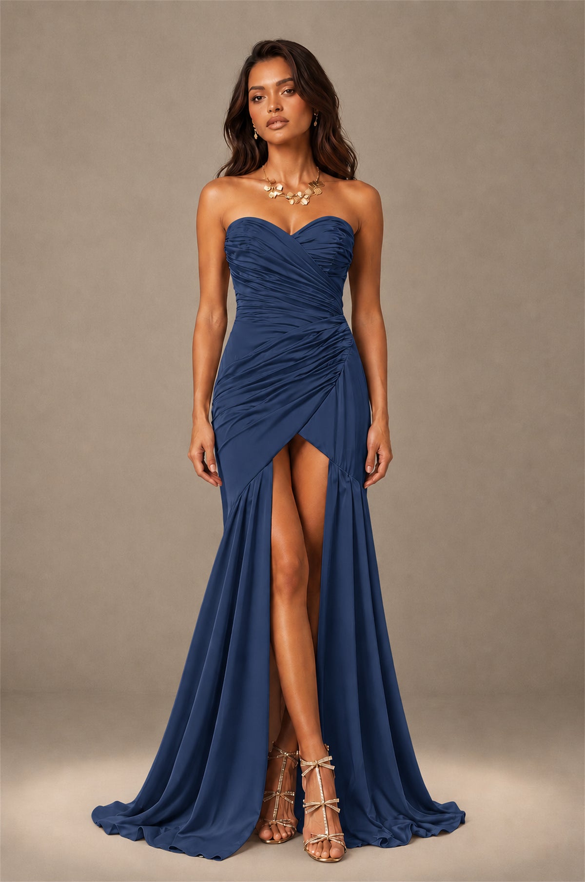 BOLODOO Navy Blue Brown Stretch Satin Sweetheart Strapless Ruched Open Back High Slit Mermaid Maxi Dress - Navy Blue