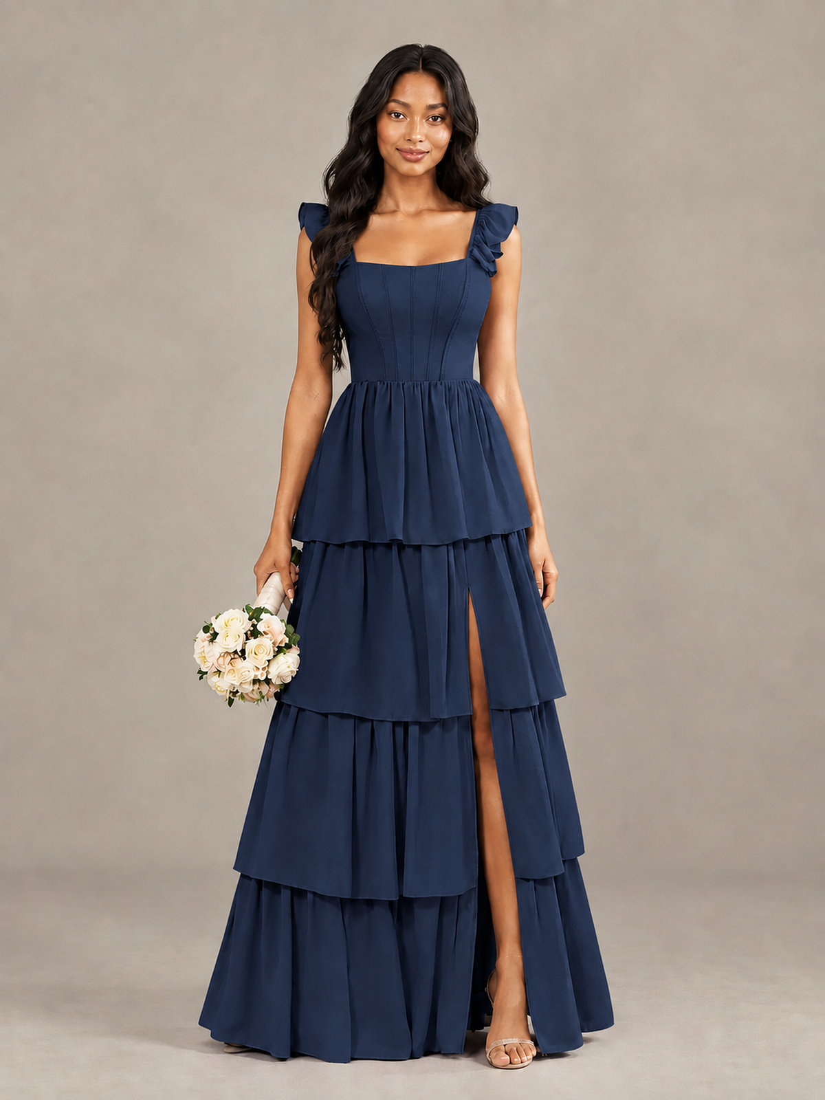 BOLODOO Navy Blue Tiered Maxi Bridesmaid Dress with Slit - Navy Blue