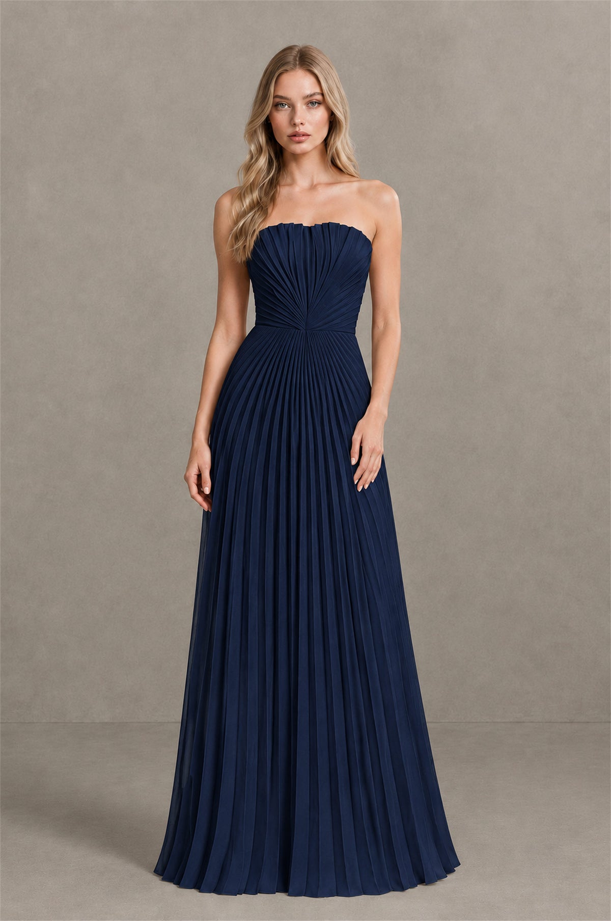 BOLODOO Navy Blue Strapless Sunburst Pleated Twisted Knot Lace-Up Back Accordion Pleated Chiffon Maxi Dress - Navy Blue