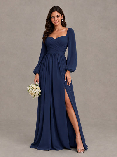 BOLODOO Navy Blue Long Sleeve Chiffon Bridesmaid Dress with Slit - Navy Blue - Navy Blue (1)