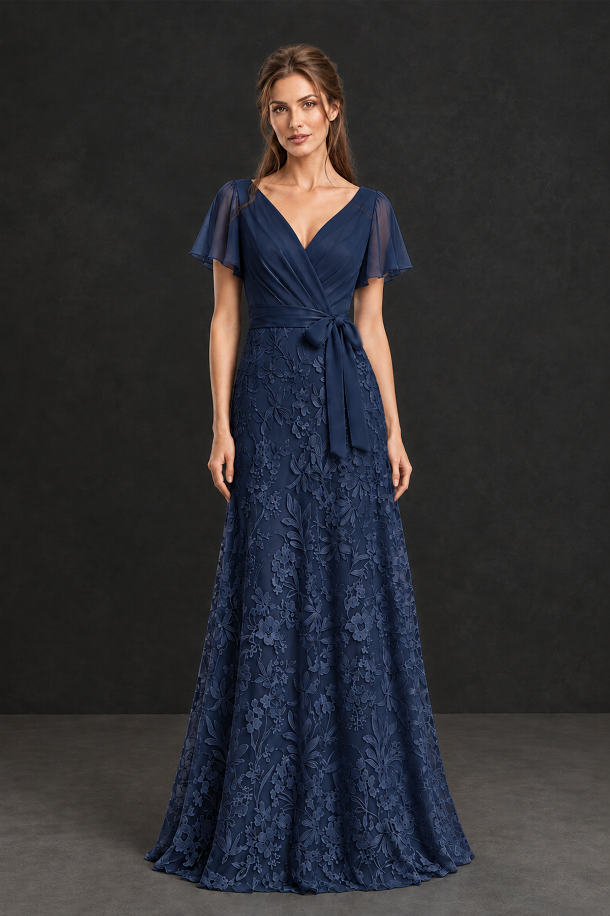 BOLODOO Navy Blue Flutter Sleeve Lace Mother of the Bride Dress - Navy Blue