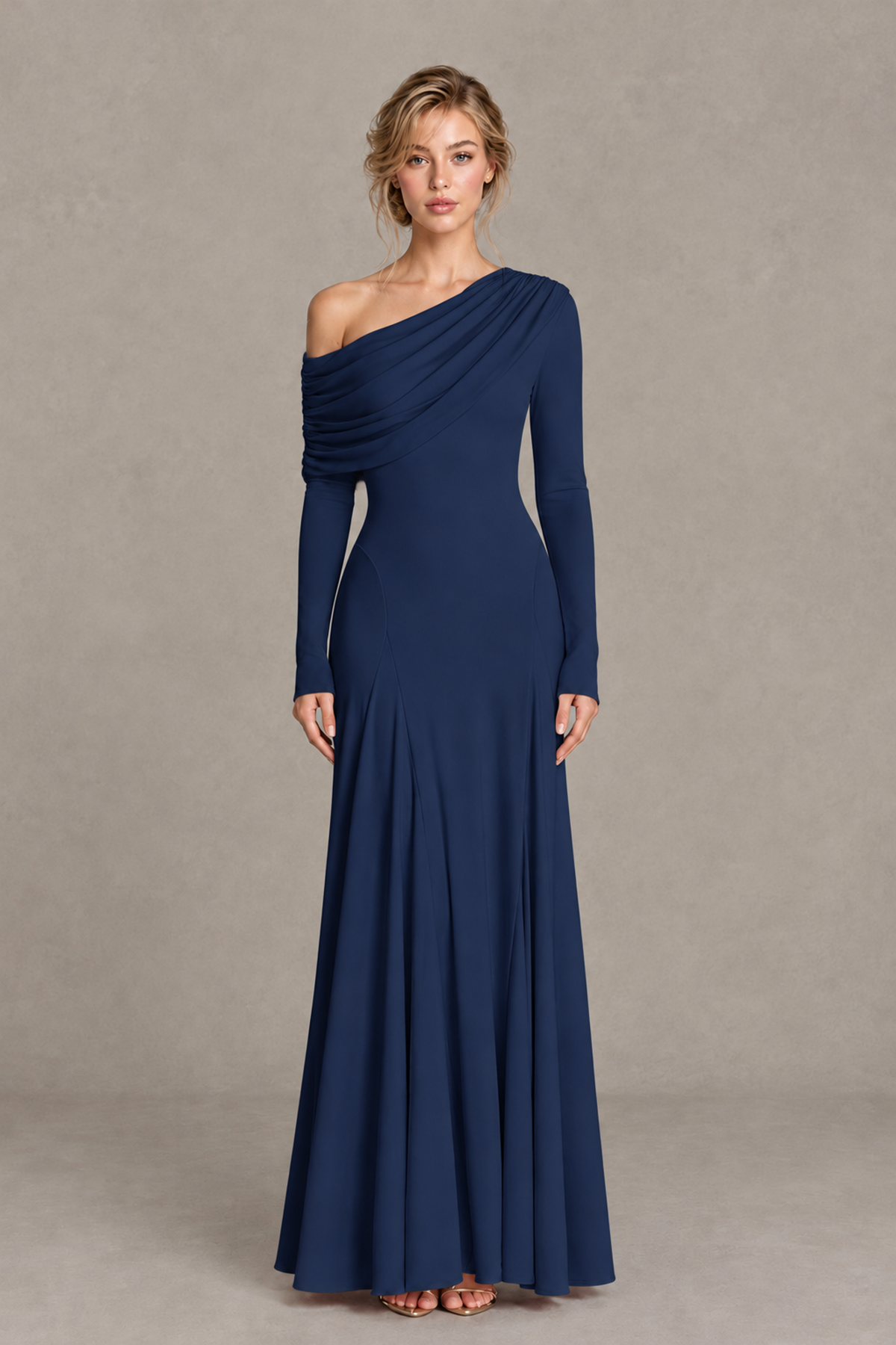 BOLODOO Navy Blue Asymmetric Draped Long Sleeve Evening Gown - Navy Blue