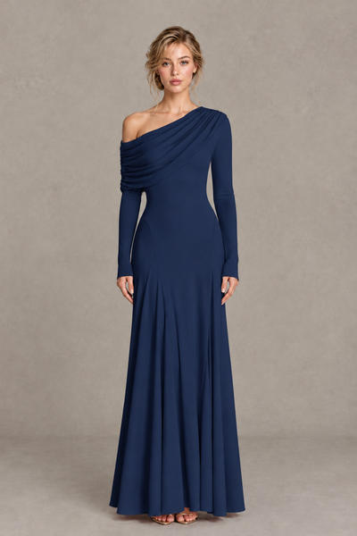BOLODOO Navy Blue Asymmetric Draped Long Sleeve Evening Gown - Navy Blue