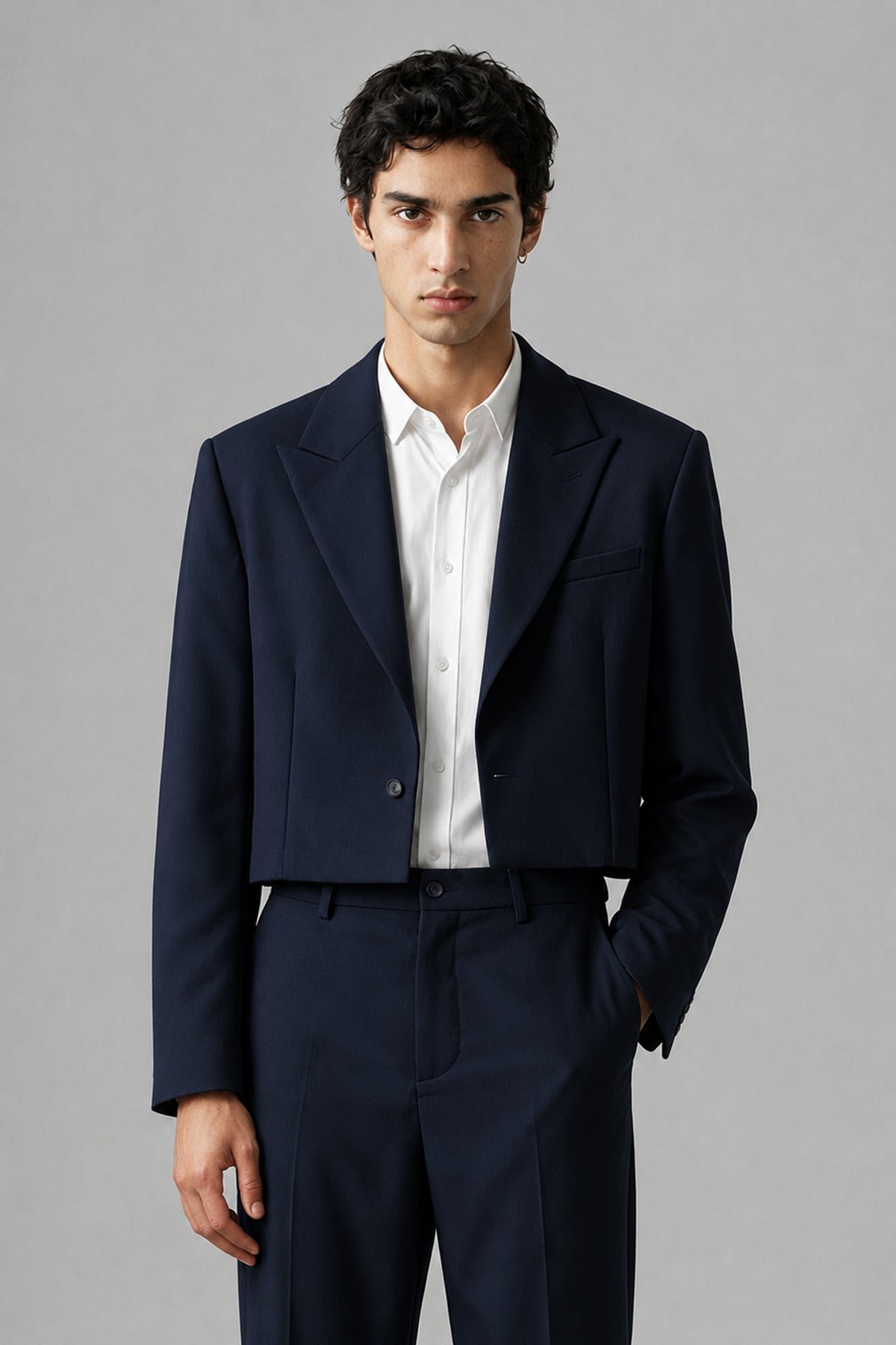 Bolodoo Men's Navy Blue Cropped Blazer & Wide-Leg Trousers 2-Piece Suit - Navy Blue - Navy Blue (1)