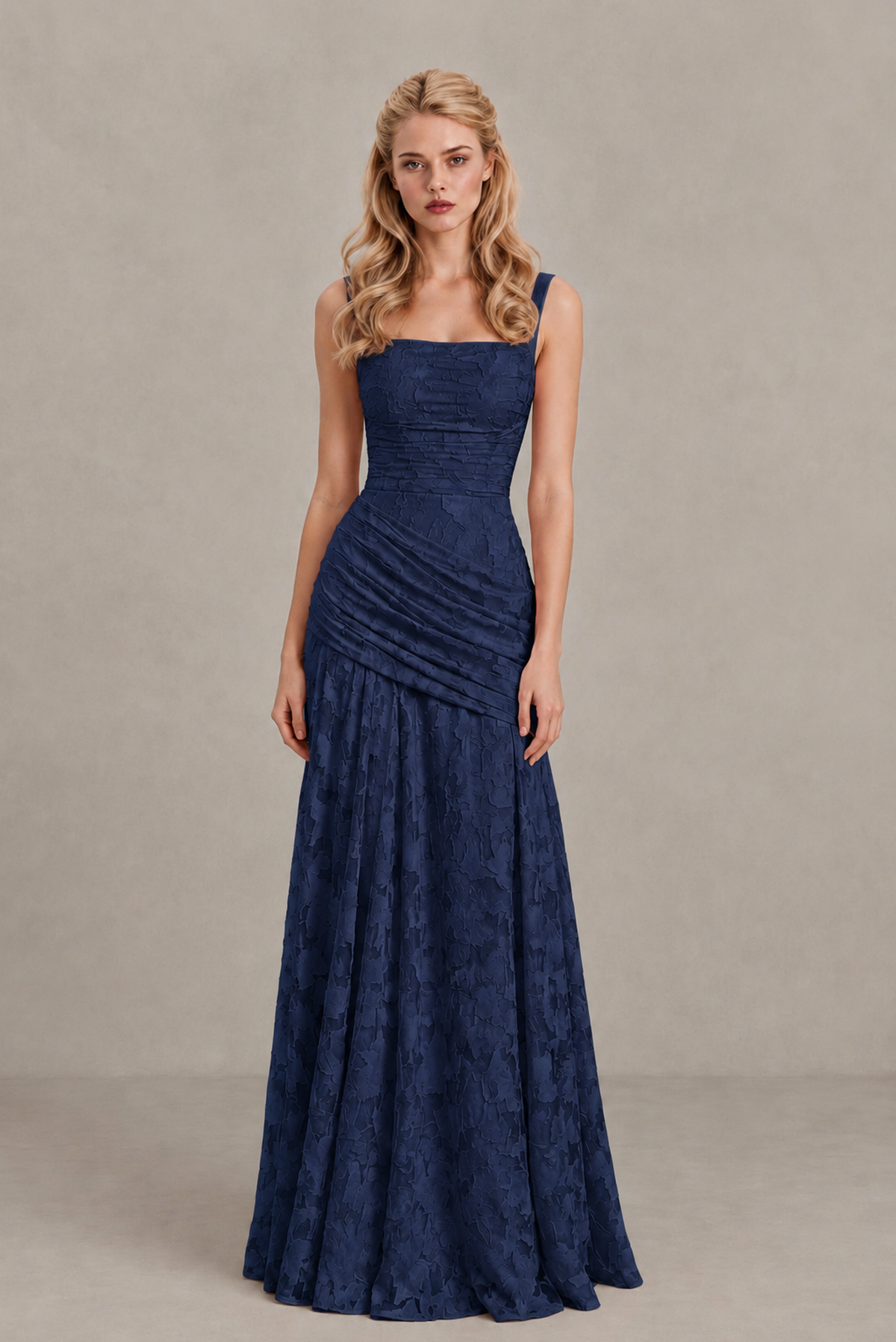 BOLODOO Navy Blue Ruched Floral Maxi Dress with Lace-Up Back - Navy Blue