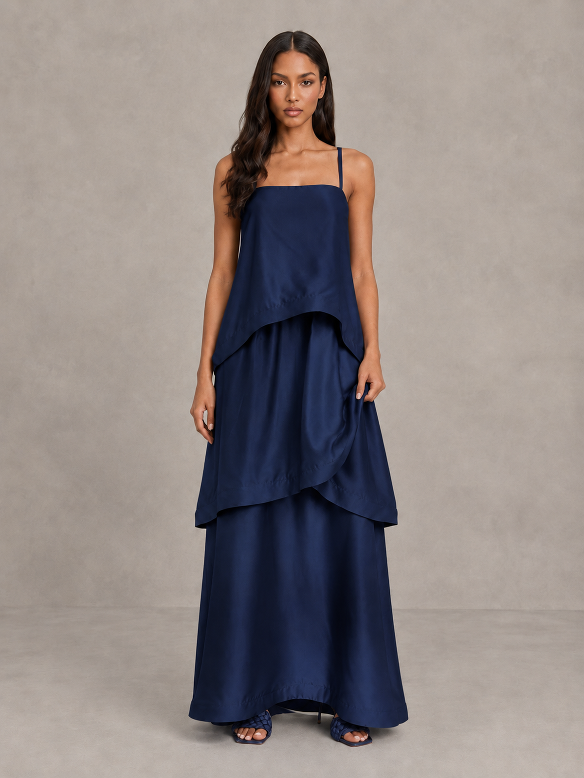 BOLODOO Navy Blue Satin Tiered Maxi Dress with Spaghetti Straps - Navy Blue
