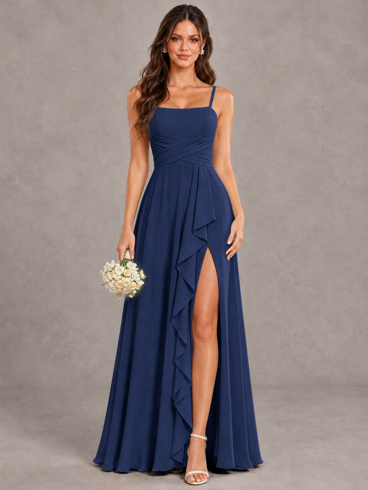 BOLODOO Navy Blue Spaghetti Strap Ruffle Bridesmaid Dress with Slit - Navy Blue - Navy Blue (1)