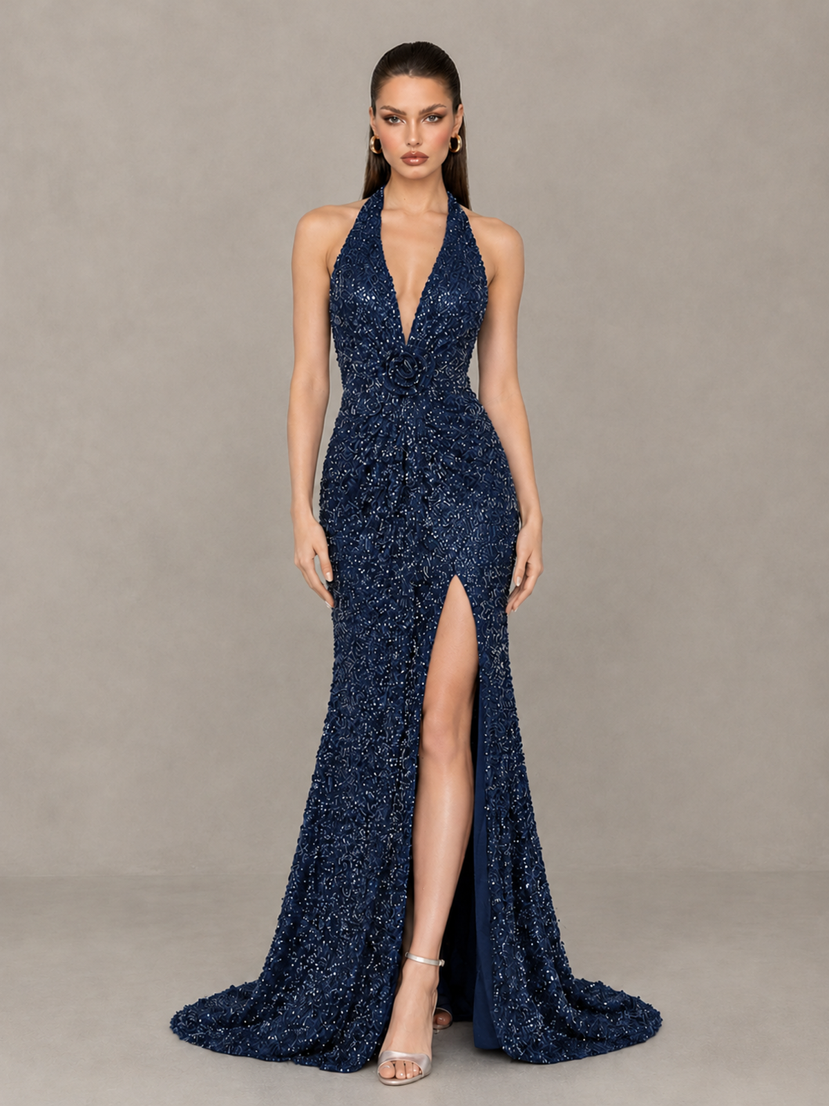 BOLODOO Navy Blue Sequin Halter Open Back Evening Gown with High Slit - Navy Blue - Navy Blue (1)