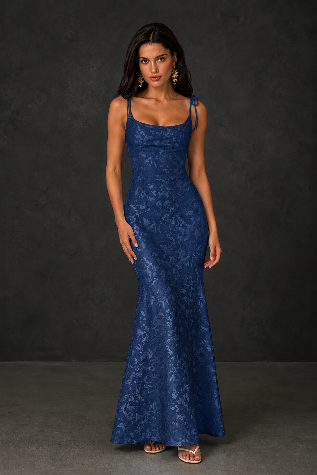 BOLODOO Navy Blue Scoop Neck Tie Strap Lace-Up Back Floral Jacquard Mermaid Maxi Dress - Navy Blue