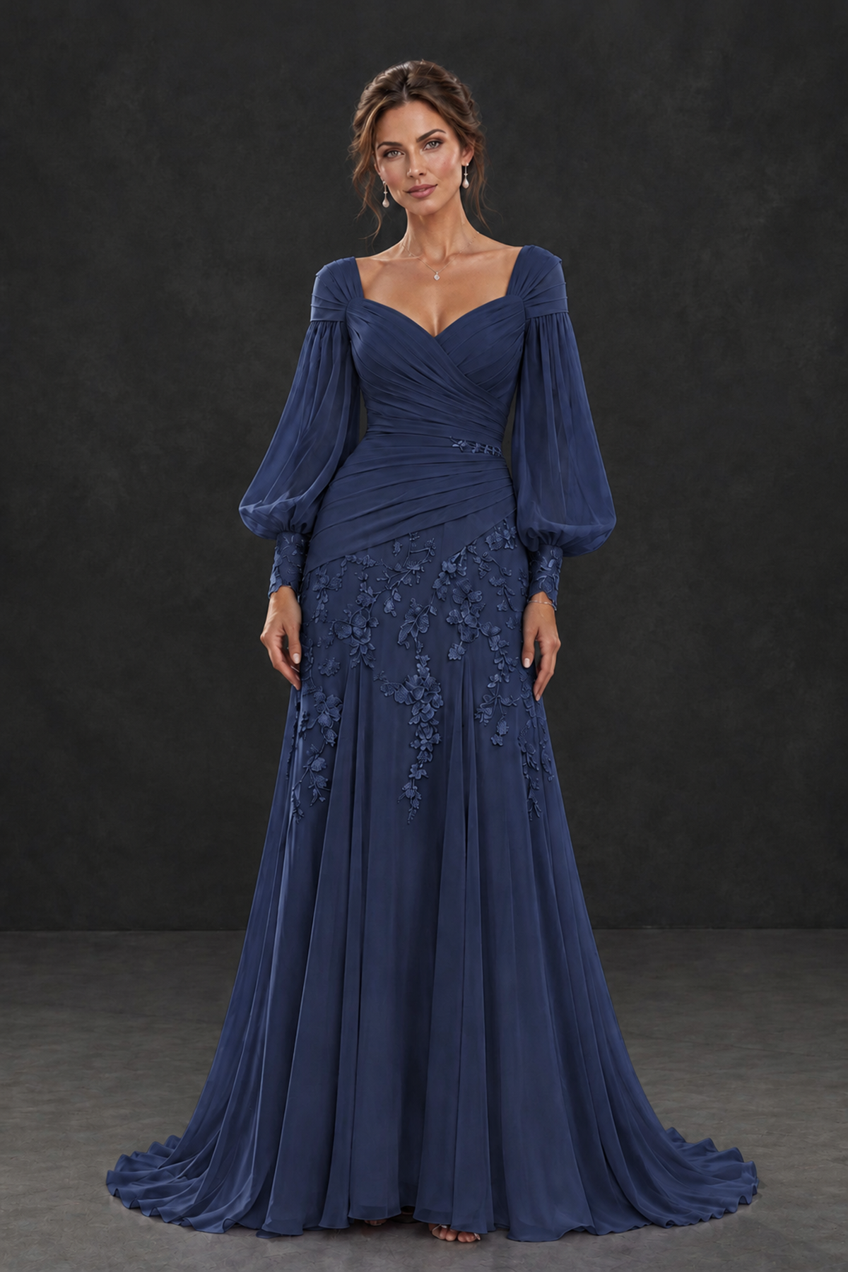 BOLODOO Navy Blue Long Sleeve Mother of the Bride Dress with Floral Appliqués - Navy Blue - Navy Blue (1)