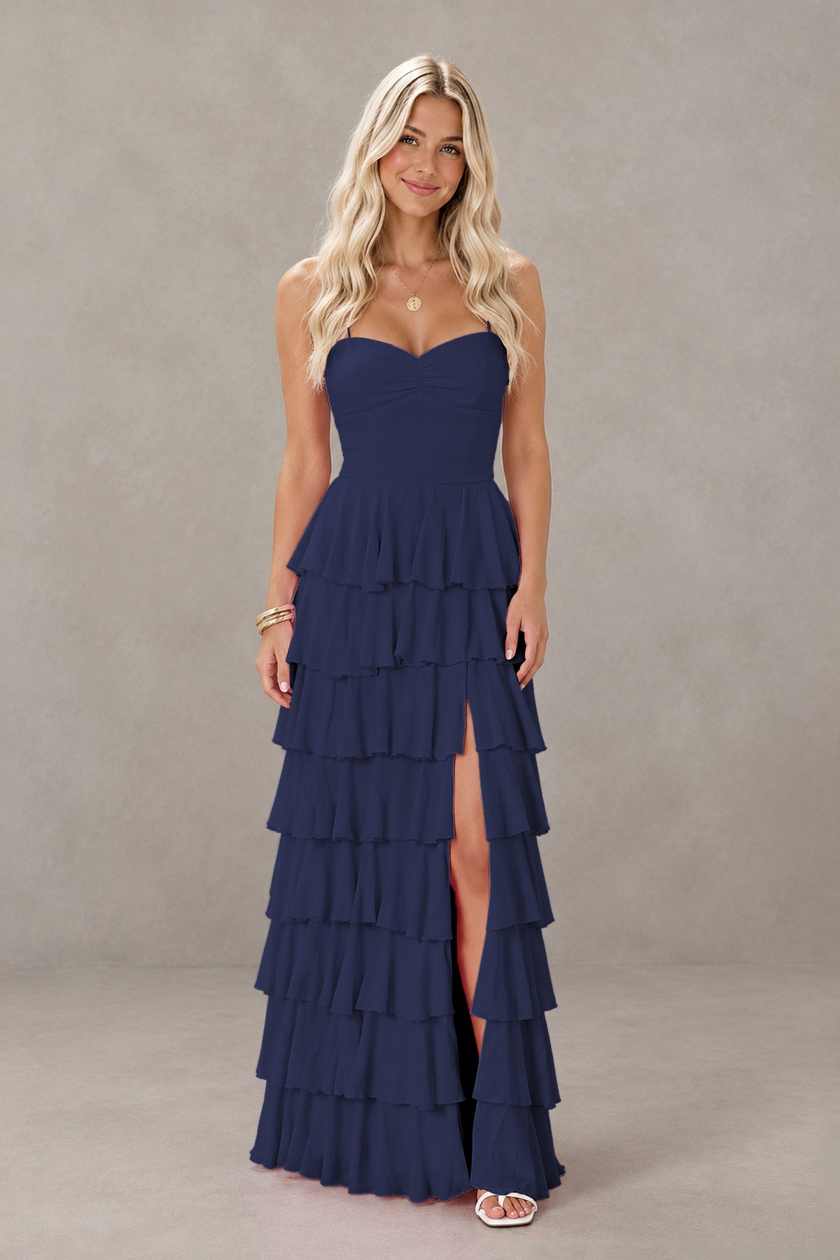 BOLODOO Navy Blue Strapless Tiered Ruffle Maxi Dress with Slit & Lace-Up Back - Navy Blue