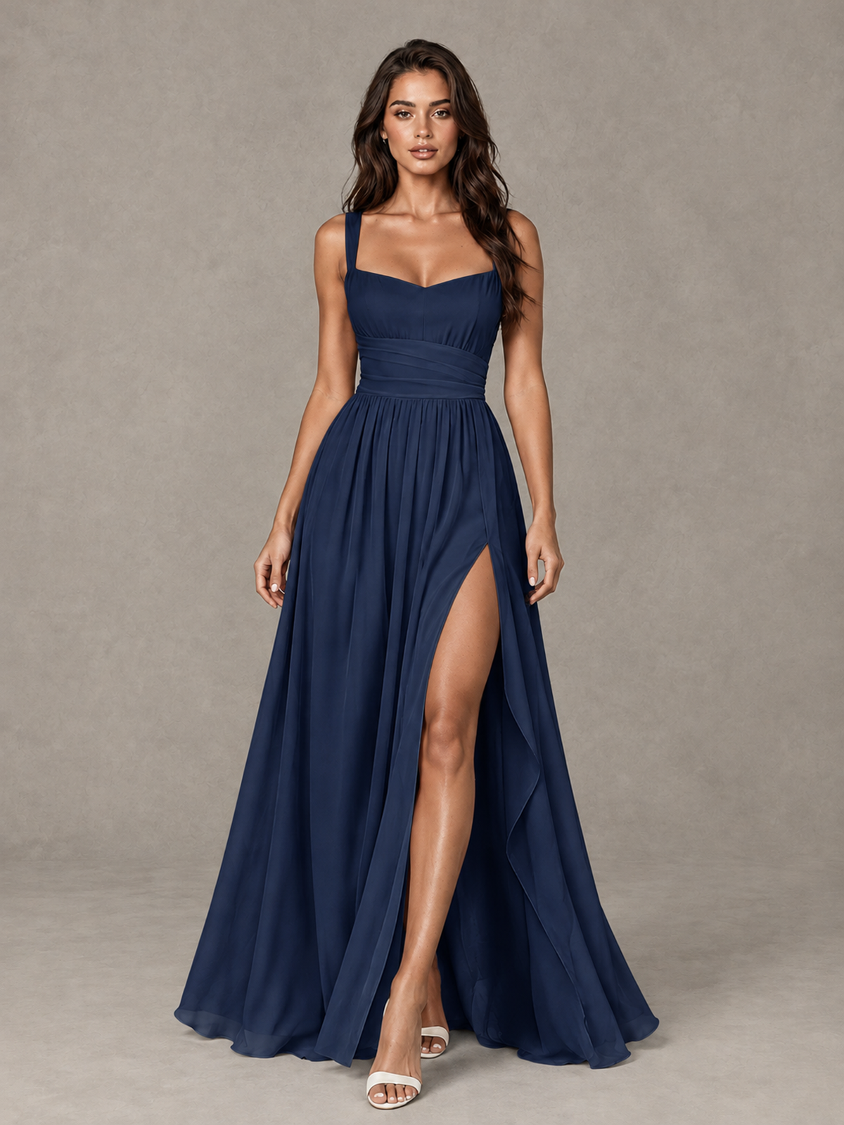 BOLODOO Navy Blue A-Line Bridesmaid Dress with High Slit & Lace-Up Back - Navy Blue - Navy Blue (1)