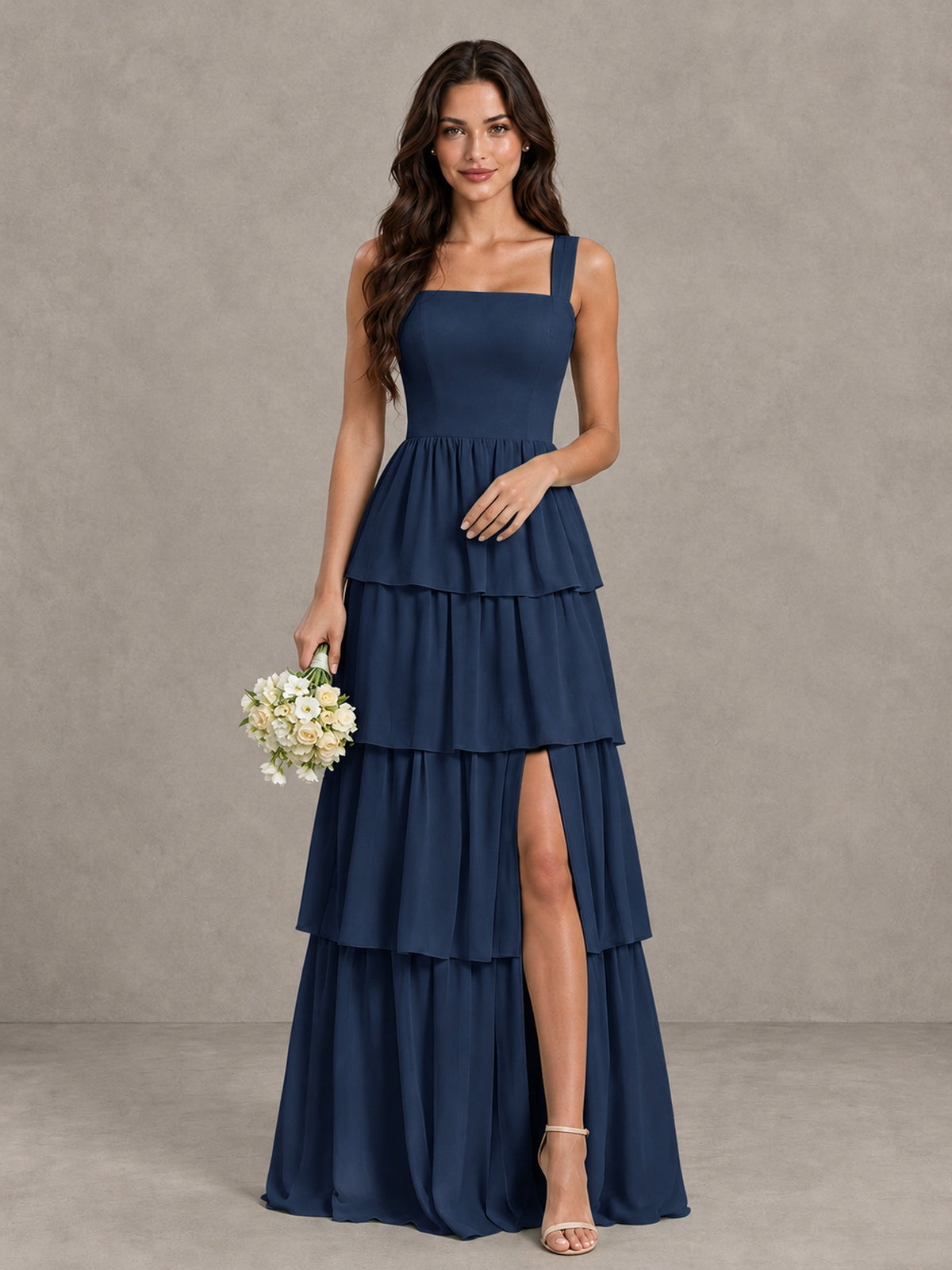 BOLODOO Navy Blue Square Neck Tiered Bridesmaid Dress with Slit - Navy Blue - Navy Blue (1)