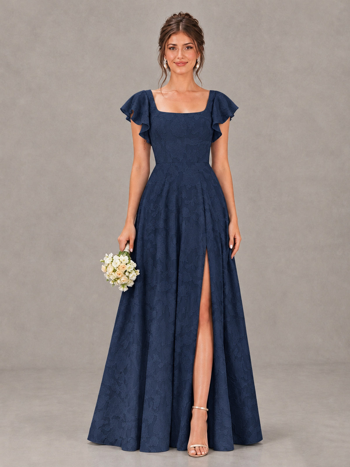 BOLODOO Navy Blue Floral Flutter Sleeve Bridesmaid Dress with Slit - Navy Blue - Navy Blue (1)