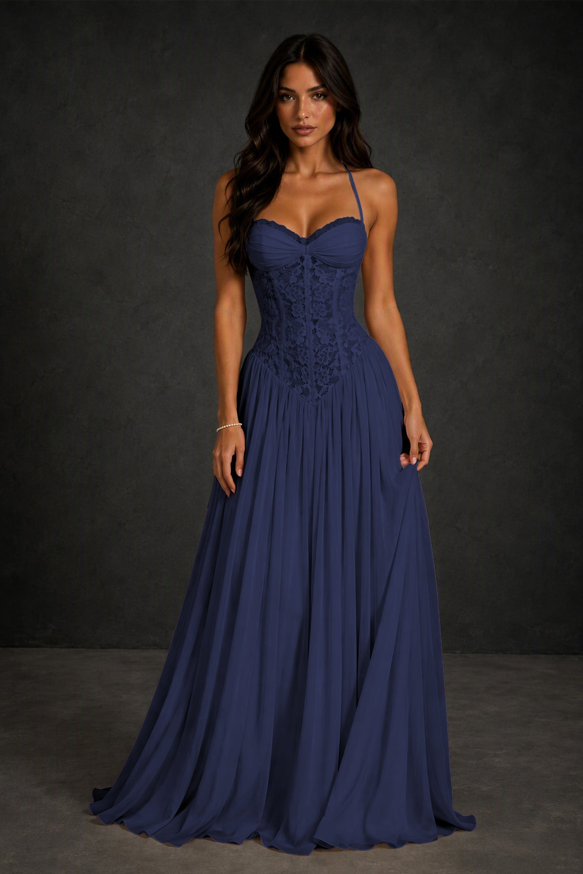 BOLODOO Navy Blue Lace Corset Halter Maxi Gown – Backless A-Line Formal Dress - Navy Blue