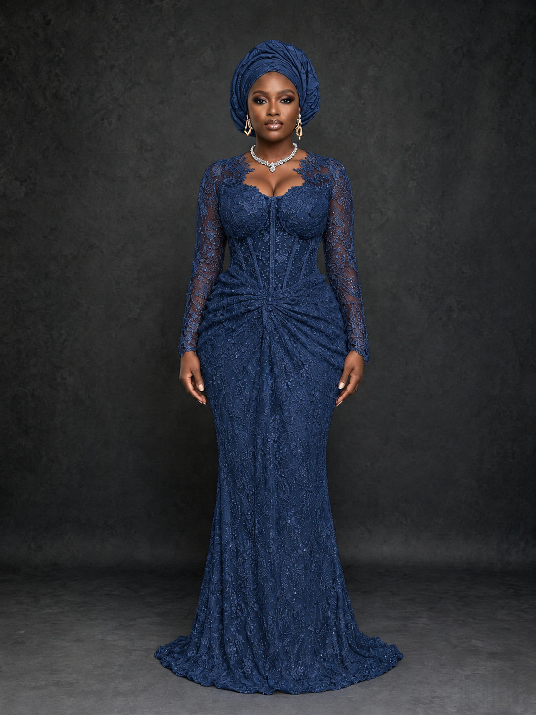 BOLODOO Navy Blue Beaded Lace Long Sleeve Mermaid Gown Sweetheart | Mother of the Bride - Navy Blue