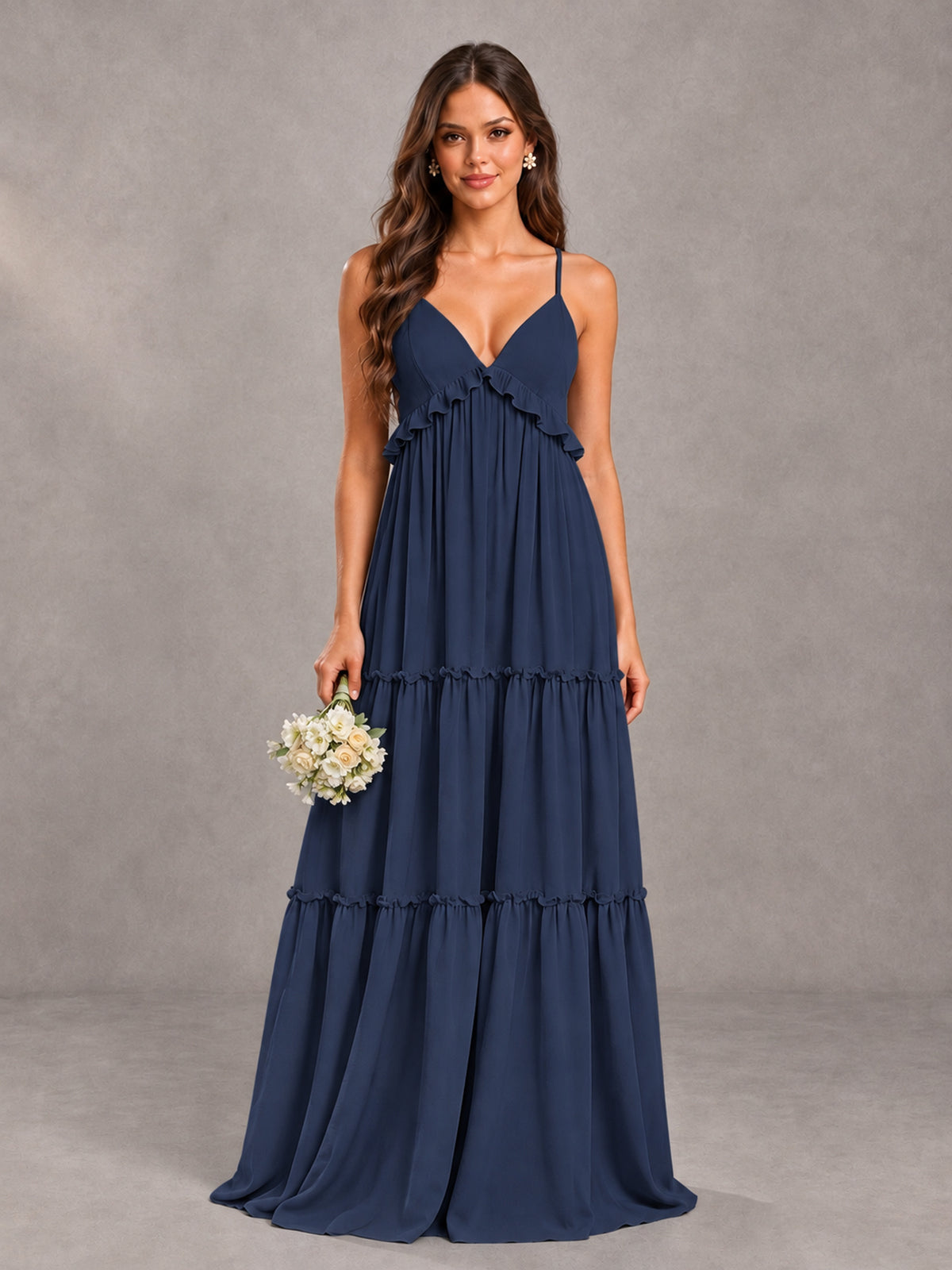 BOLODOO Navy Blue Tiered V-Neck Lace-Up Back Bridesmaid Dress - Navy Blue - Navy Blue (1)