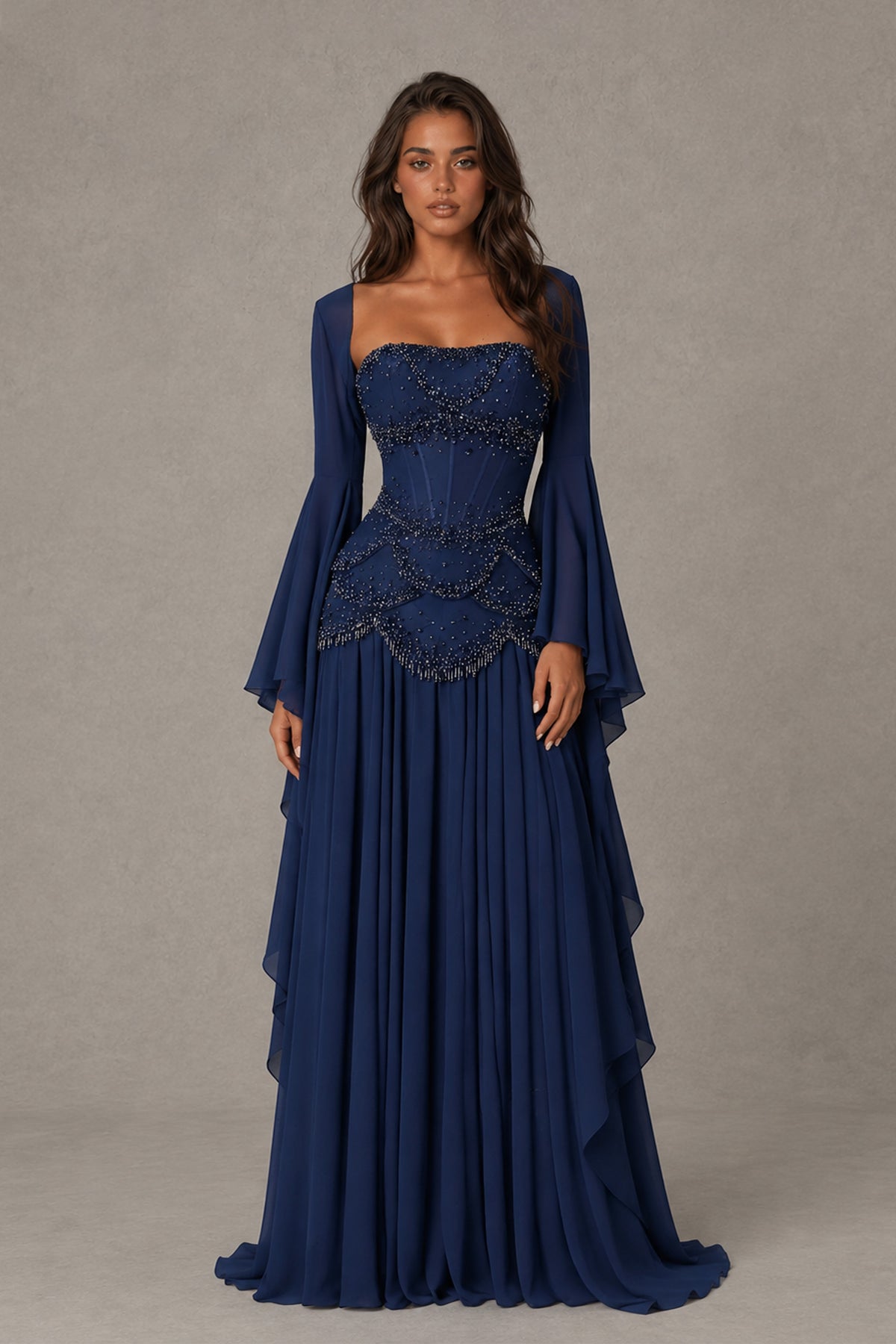 BOLODOO Navy Blue Embellished Corset Gown with Long Bell Sleeves - Navy Blue