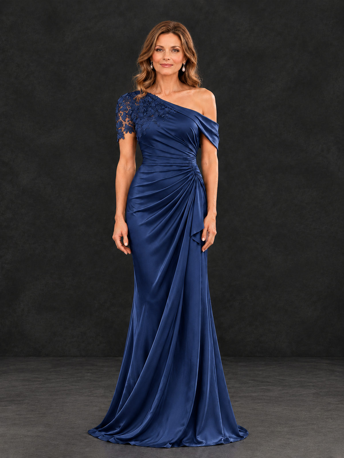 BOLODOO Navy Blue Asymmetric Satin Mother of the Bride Dress with Lace Sleeve - Navy Blue - Navy Blue (1)